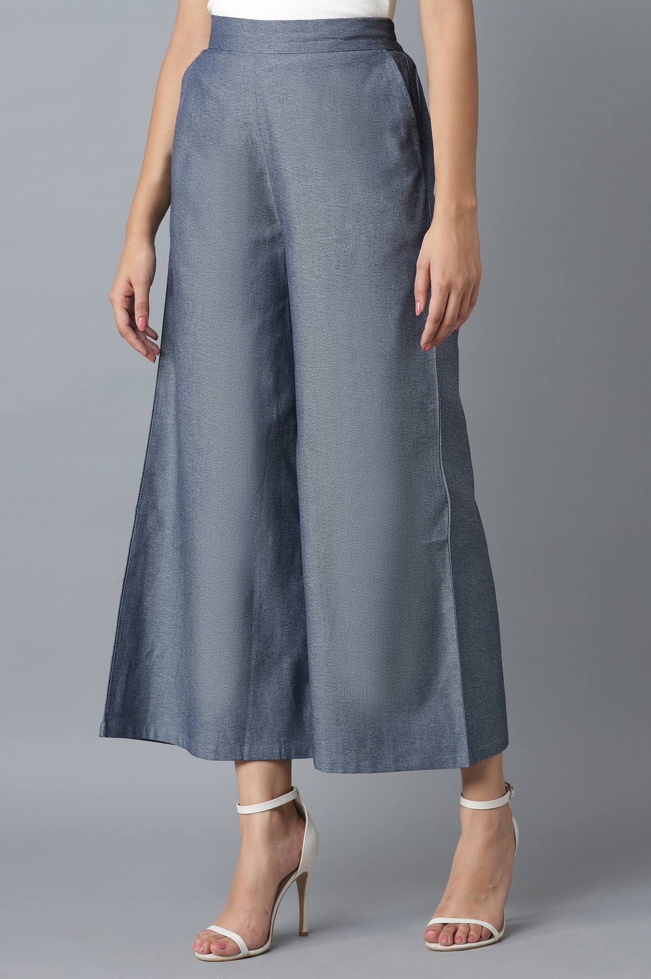 Blue Solid Flared Denim Palazzo With Elasticated Waist