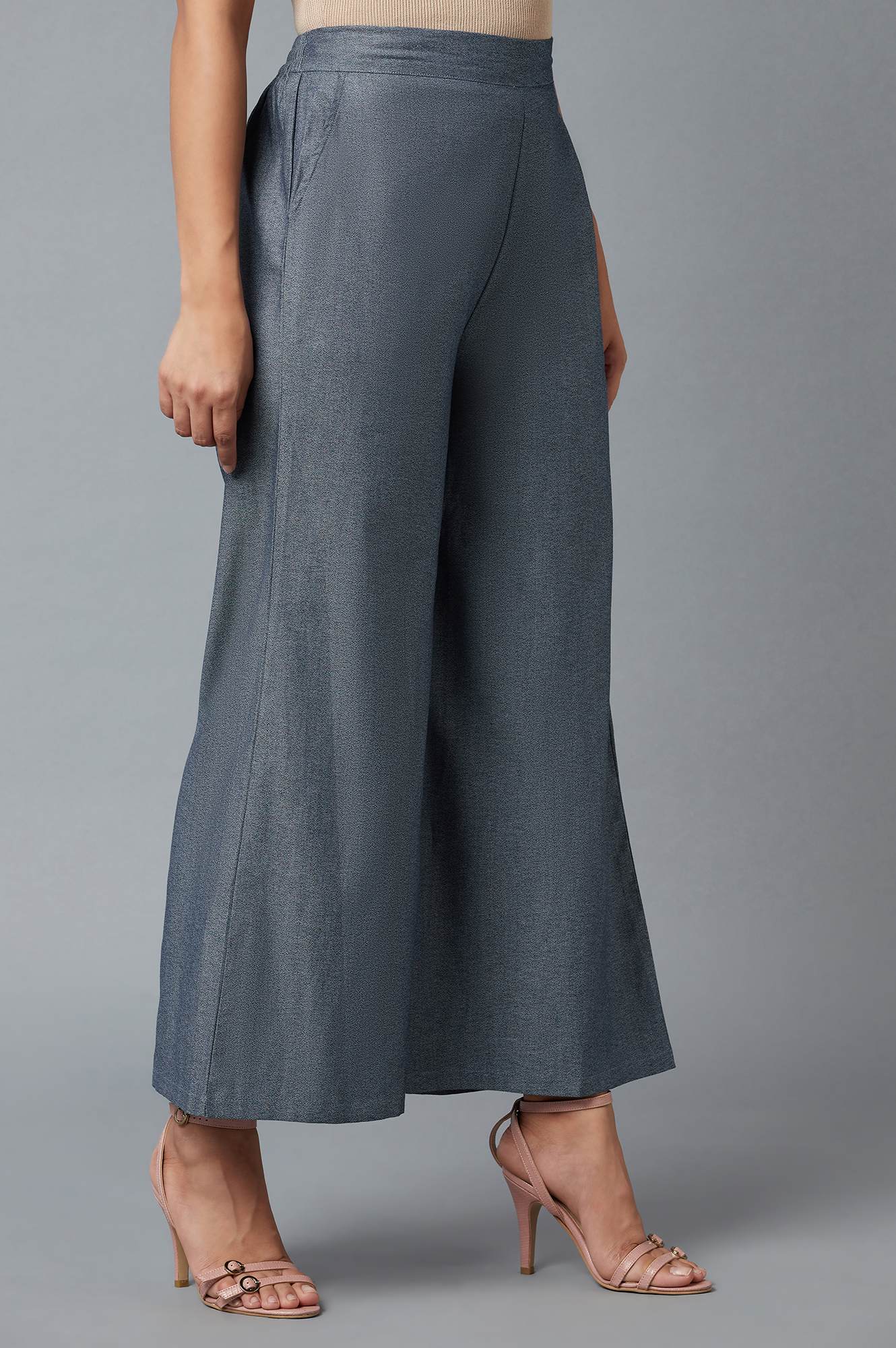 Blue Solid Flared Denim Palazzo With Elasticated Waist