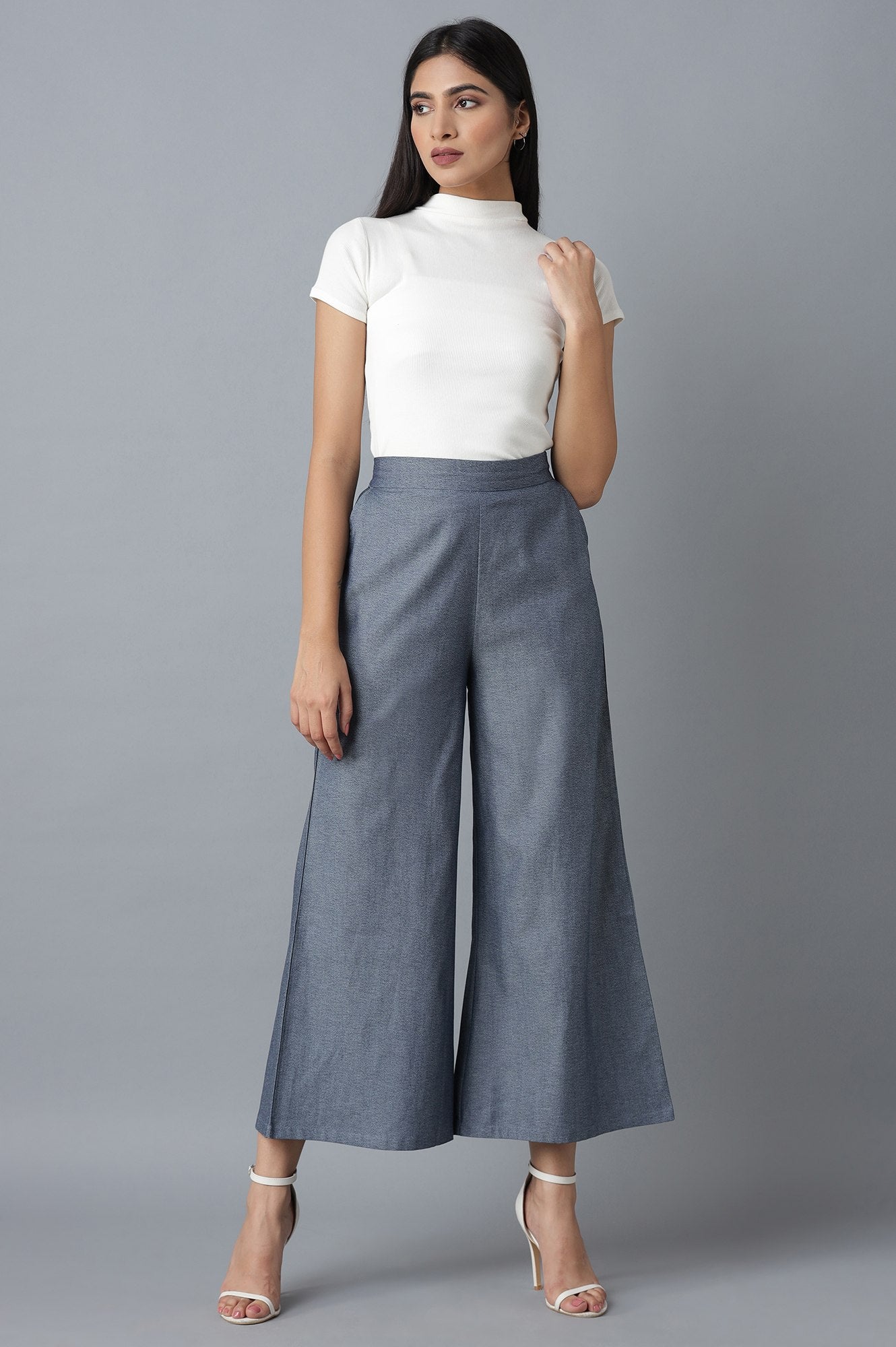 Blue Solid Flared Denim Palazzo With Elasticated Waist