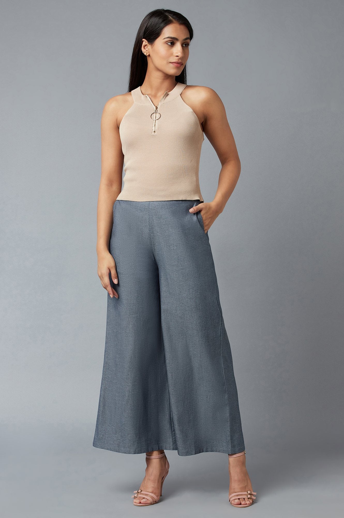 Blue Solid Flared Denim Palazzo With Elasticated Waist