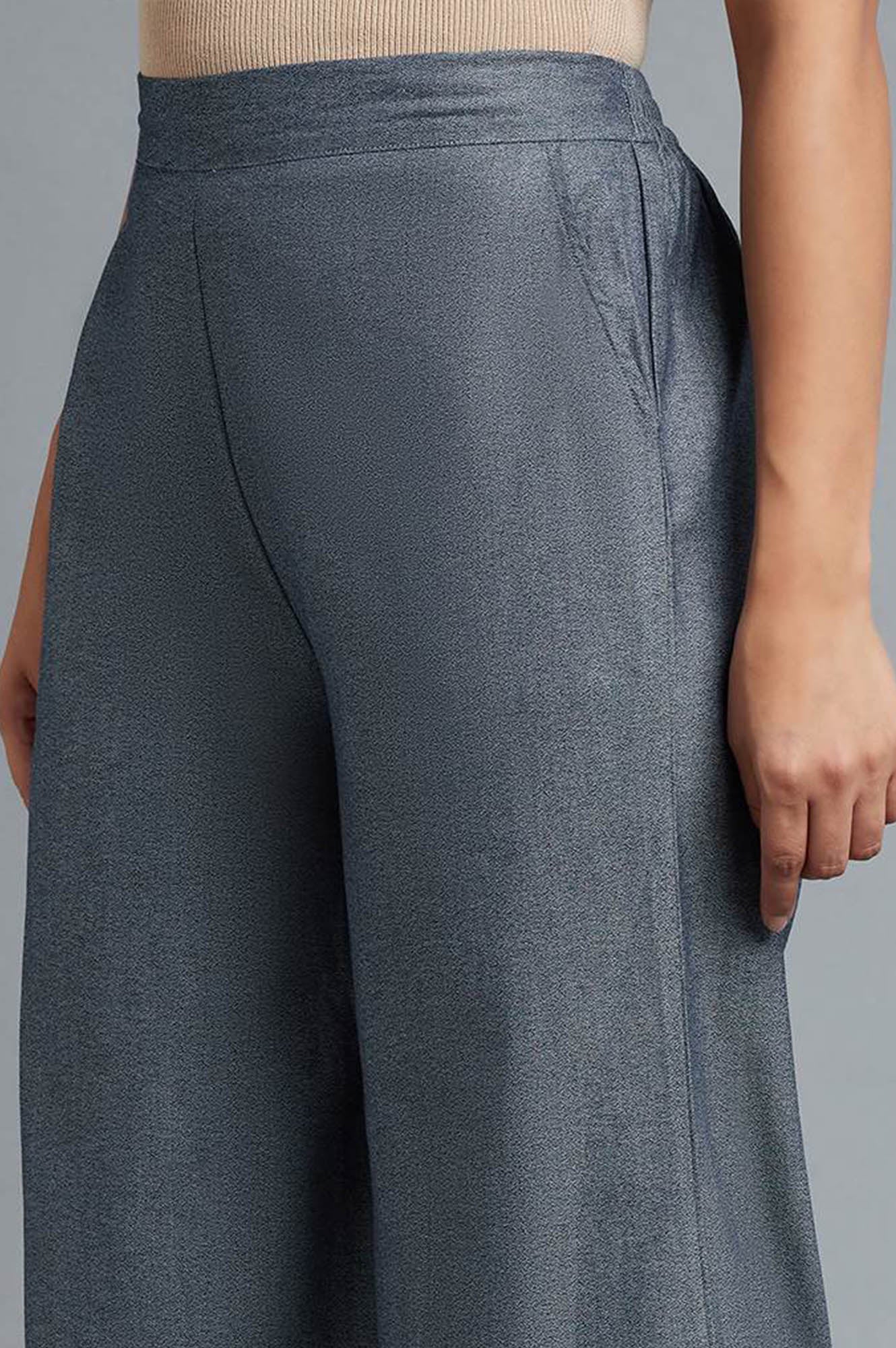 Blue Solid Flared Denim Palazzo With Elasticated Waist