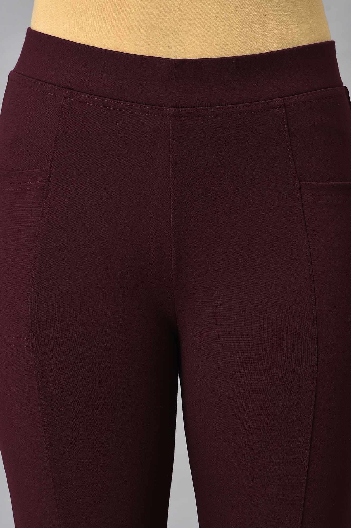 Maroon Solid Skinny Fit Yoga Tights With Elasticated Waistband