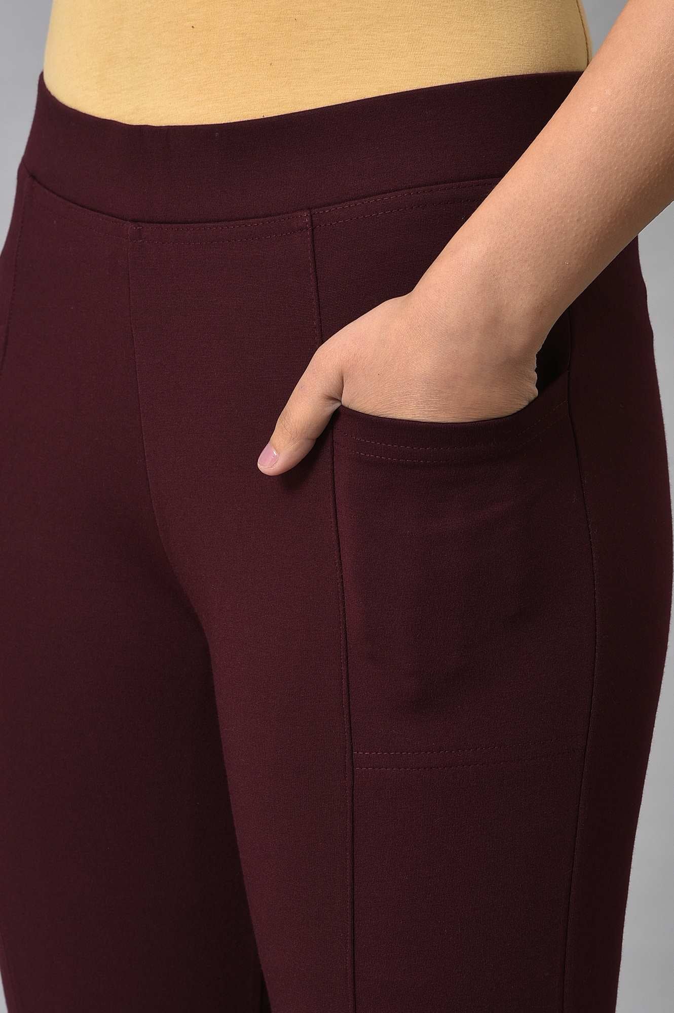 Maroon Solid Skinny Fit Yoga Tights With Elasticated Waistband