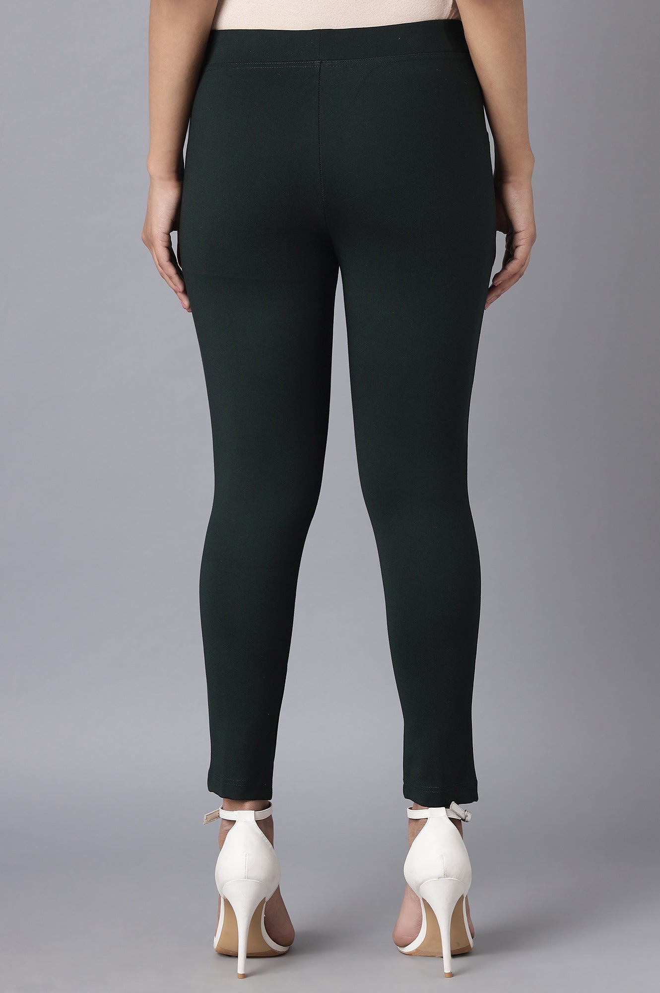 Dark Green Solid Straight Fit Tights With Elasticated Waist