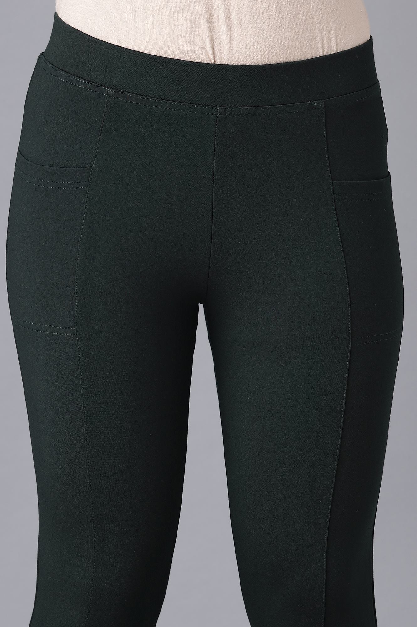 Dark Green Solid Straight Fit Tights With Elasticated Waist