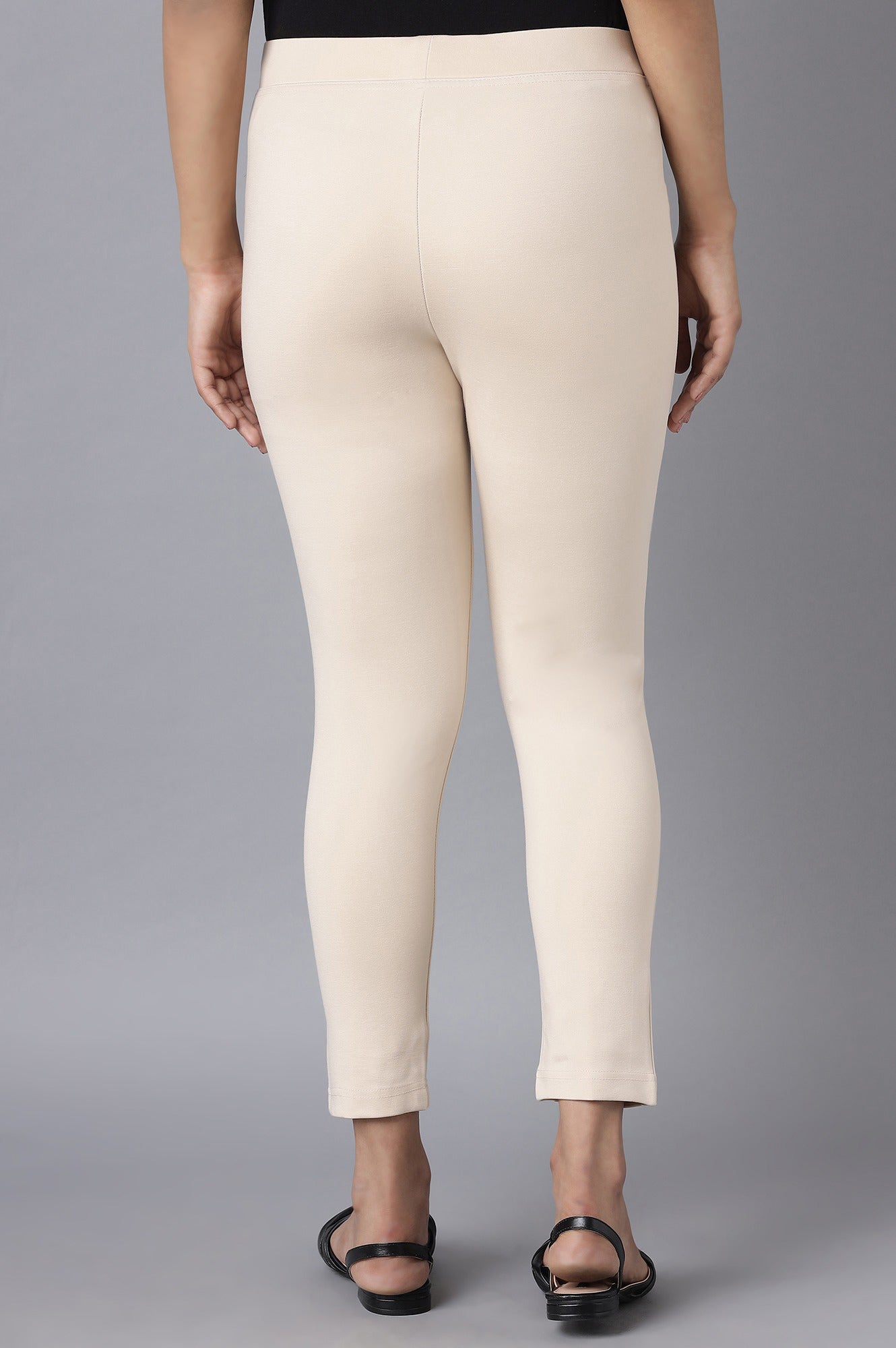 Beige Solid Straight Fit Pants With Elasticated Waist