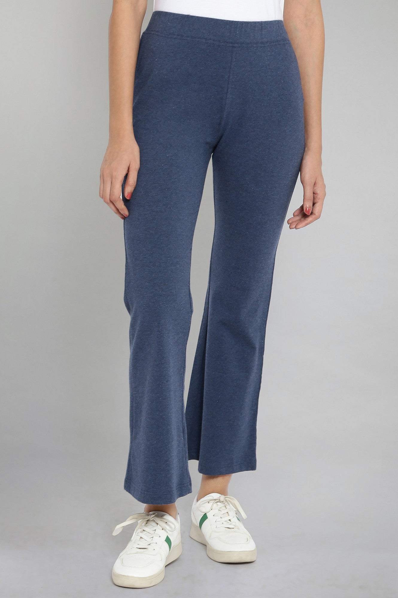 Blue Solid Flared Cotton Pants With Elasticated Waist