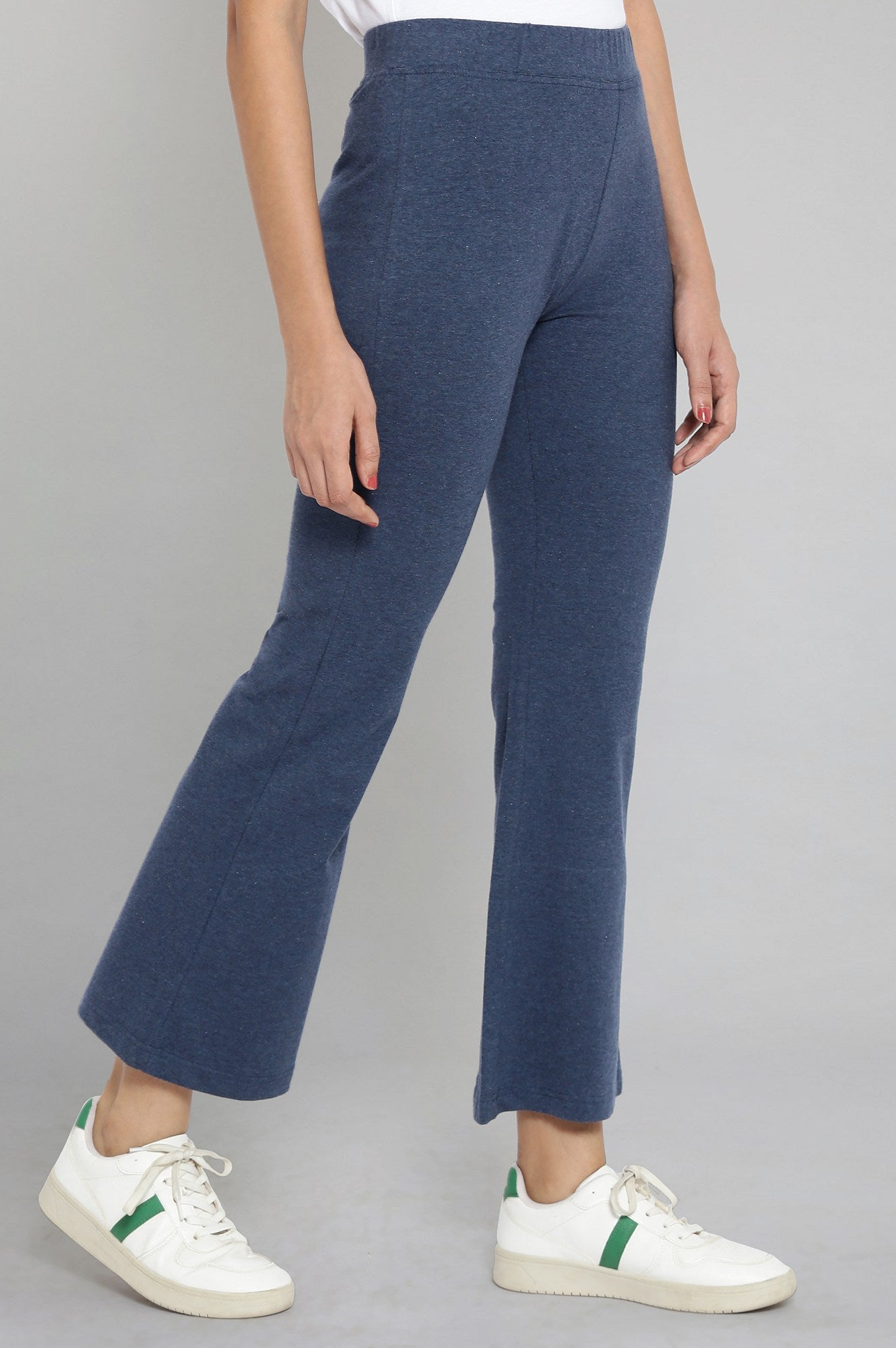 Blue Solid Flared Cotton Pants With Elasticated Waist
