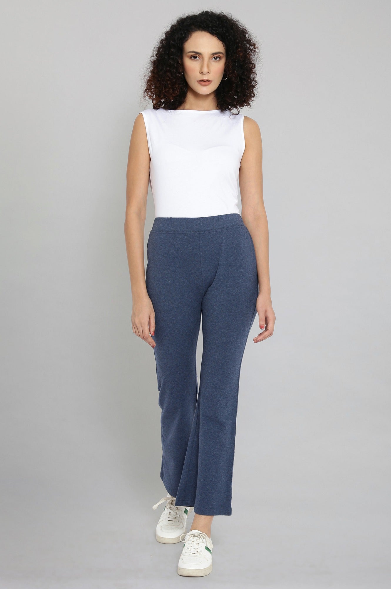 Blue Solid Flared Cotton Pants With Elasticated Waist