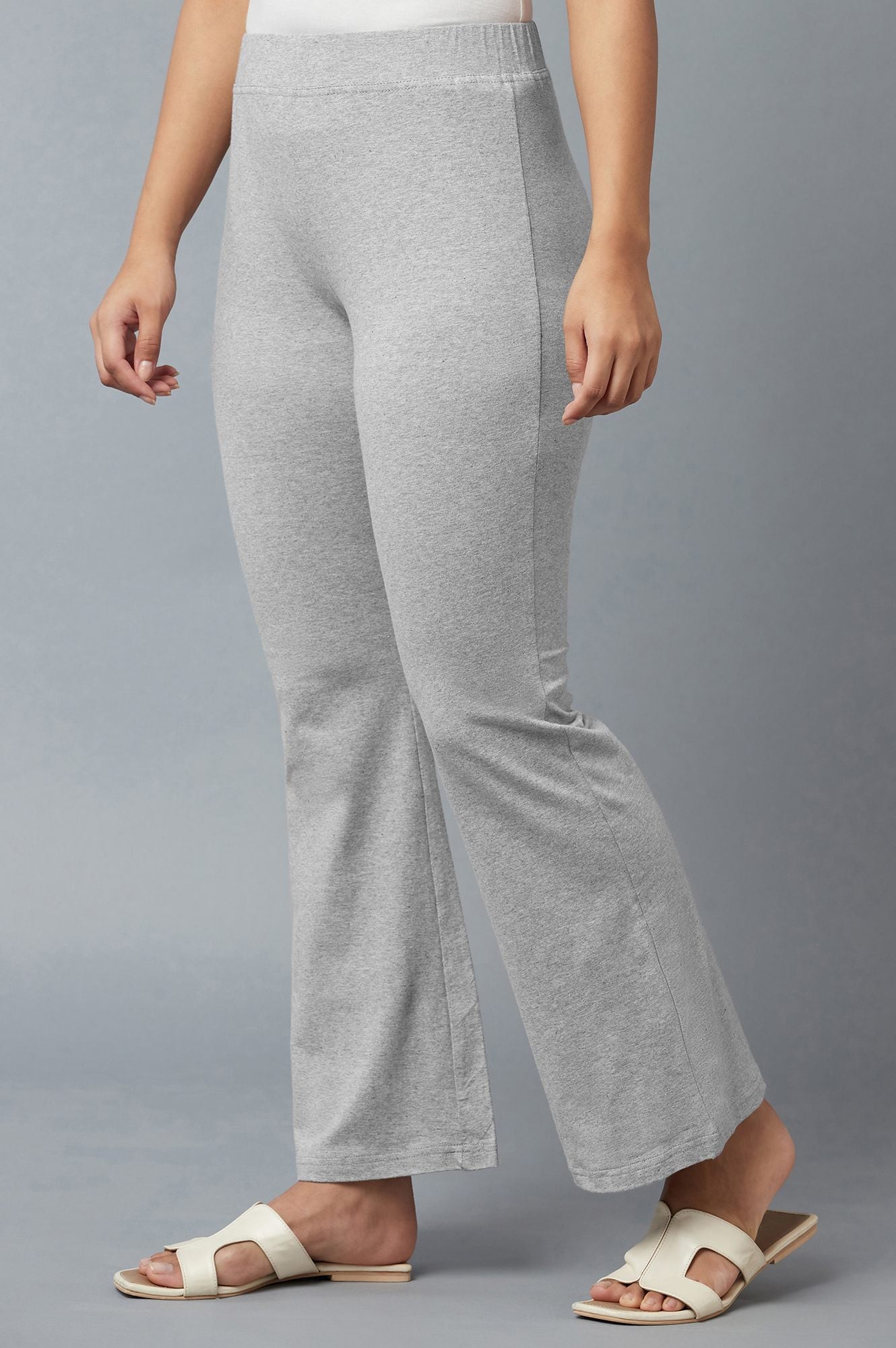 Grey Solid Flared Cotton Pants With Slip On Closure