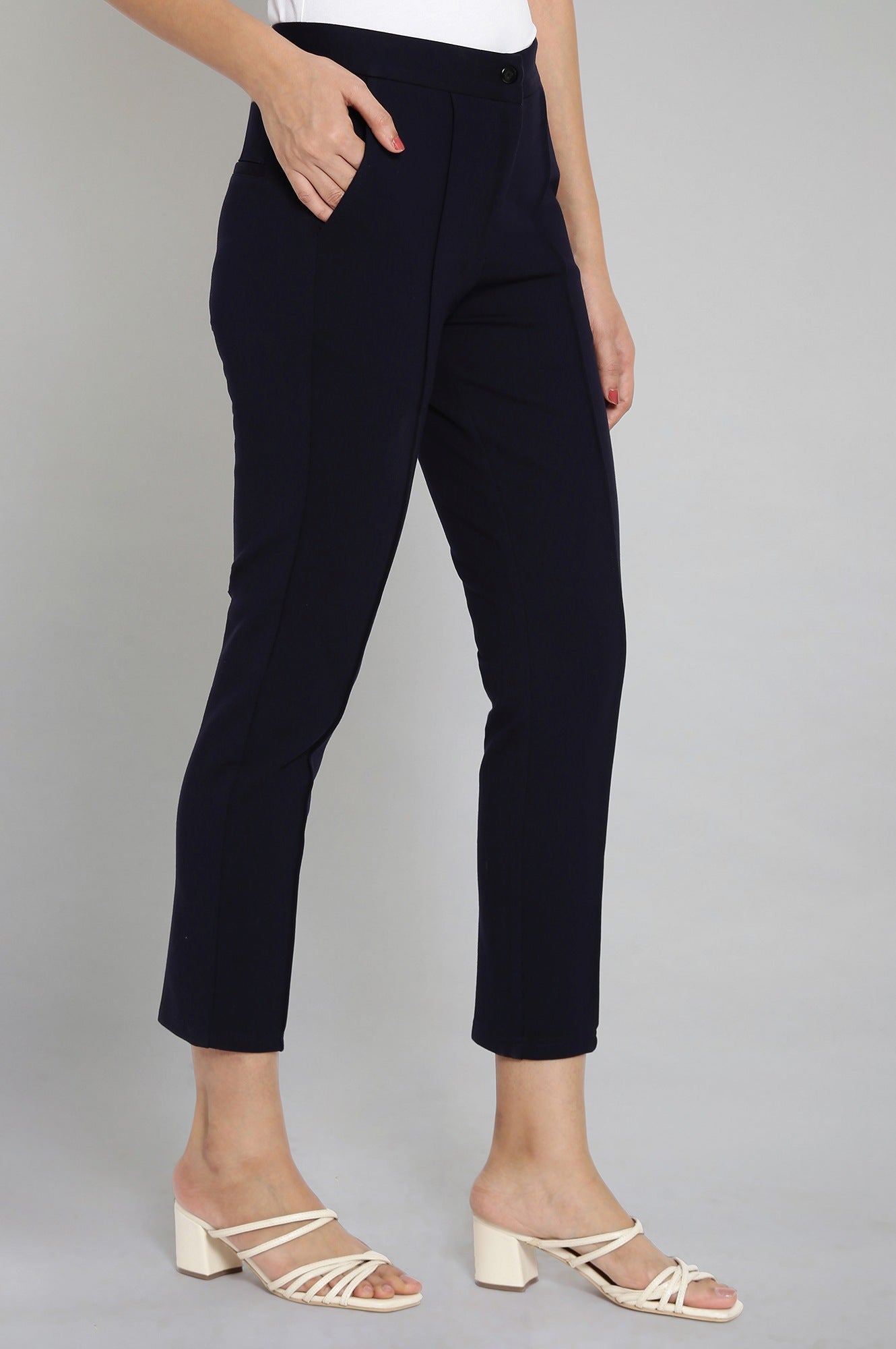 Navy Blue Solid Straight Fit Trousers With Pintuck Detail