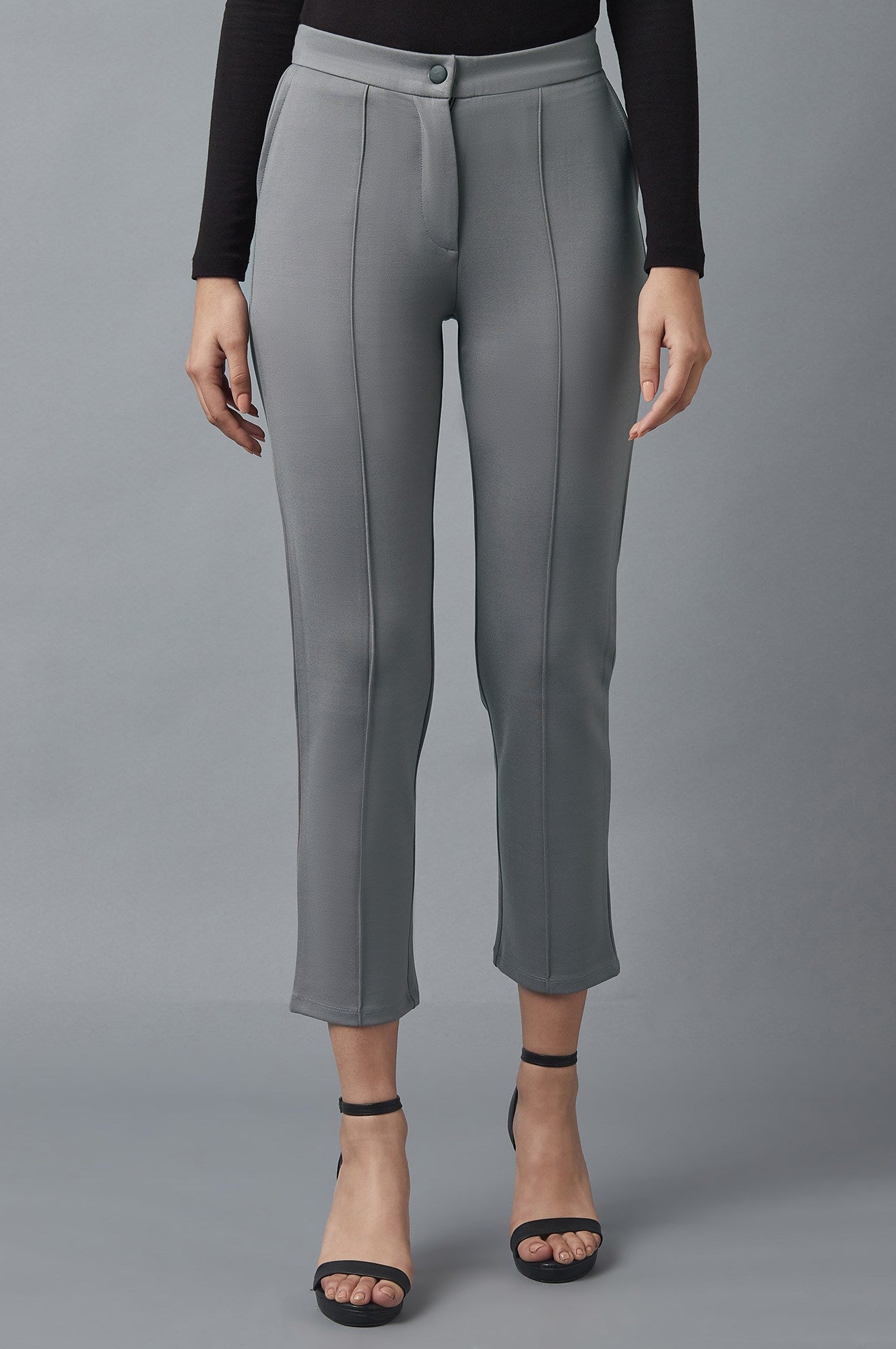 Grey Solid Straight Fit Trousers With Pintuck Detail