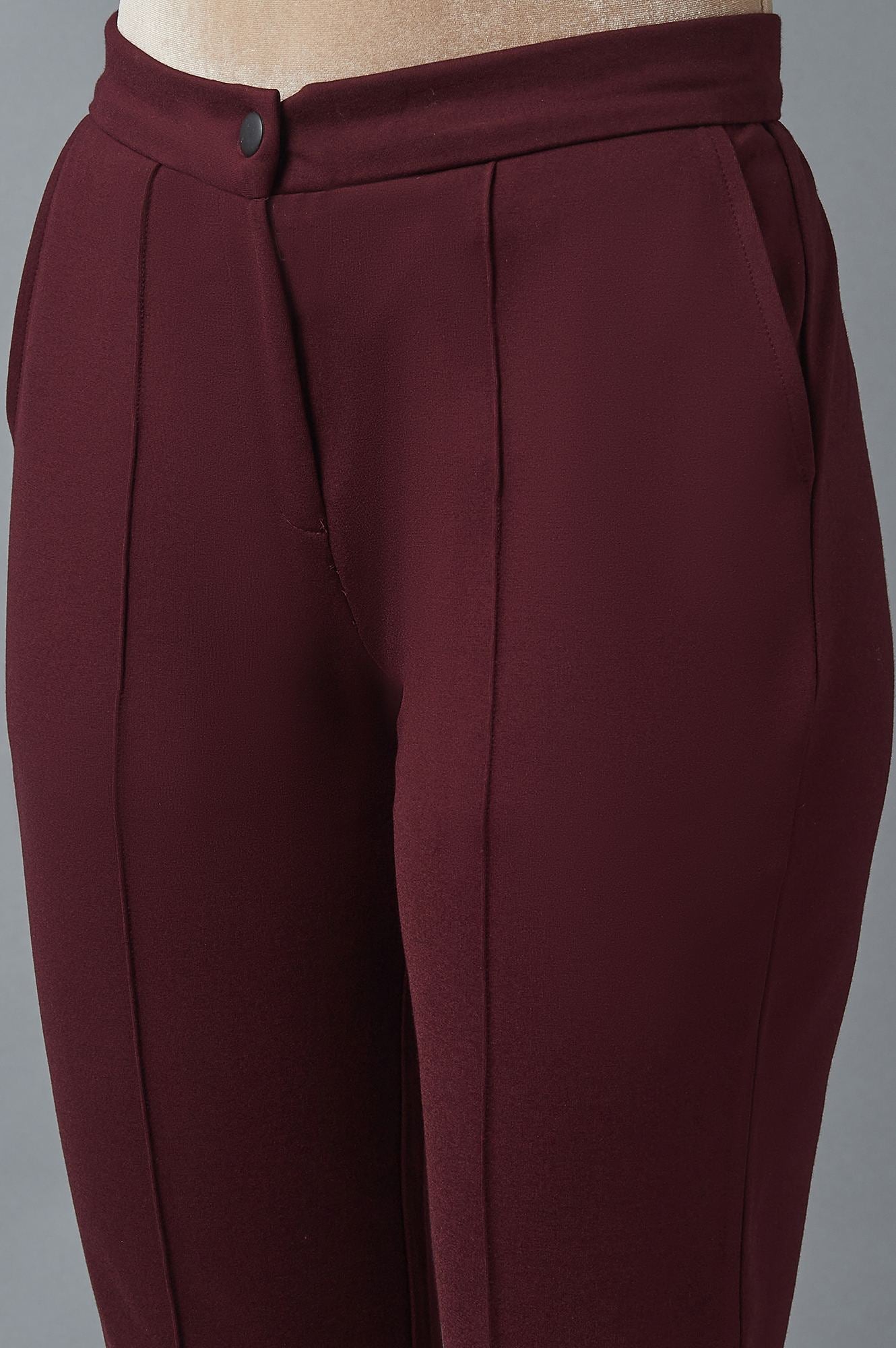 Maroon Solid Straight Fit Trousers With Pintuck Detail