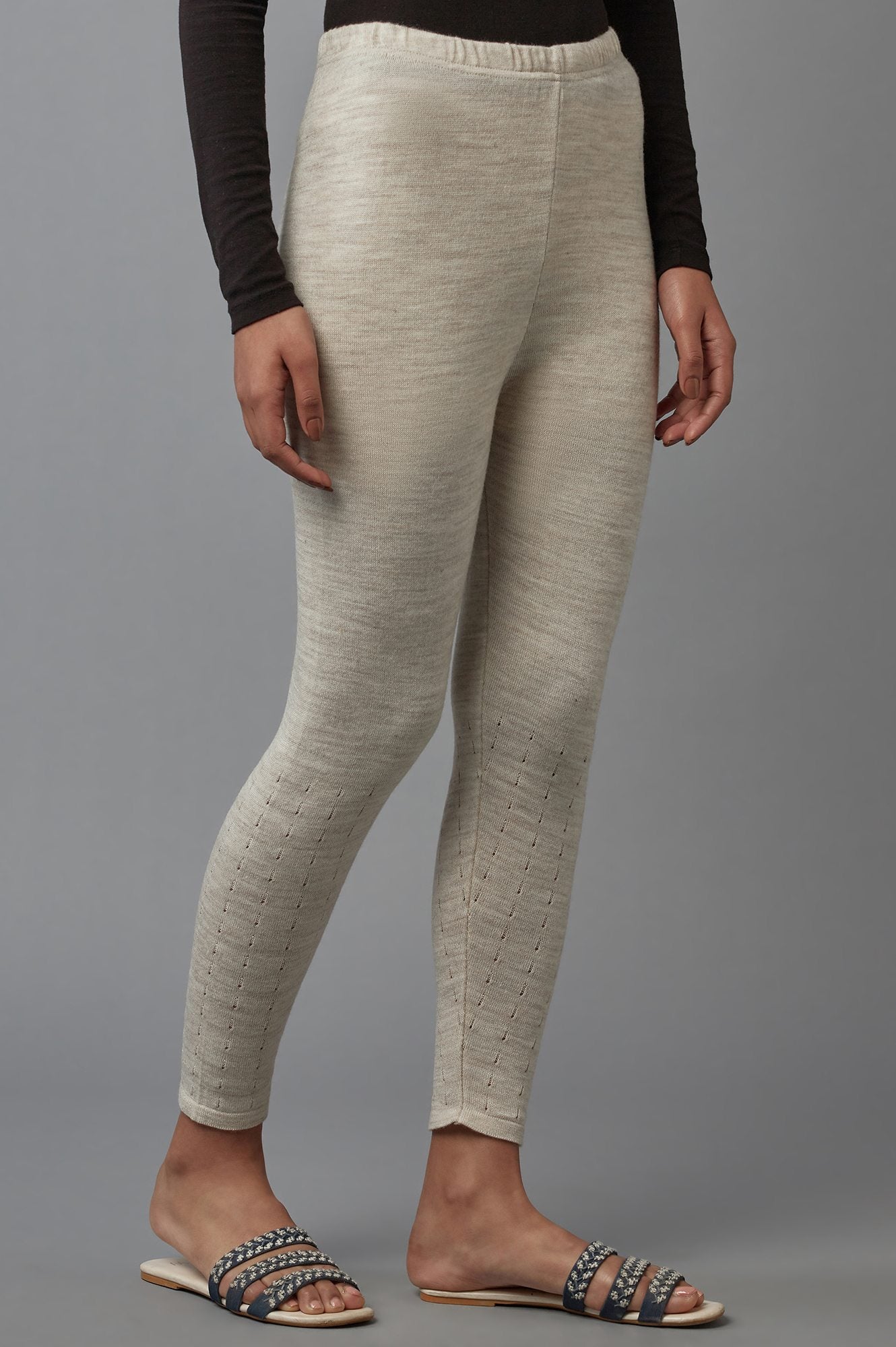 Beige Solid Straight Fit Acrylic Palazzo With Elasticated Waist