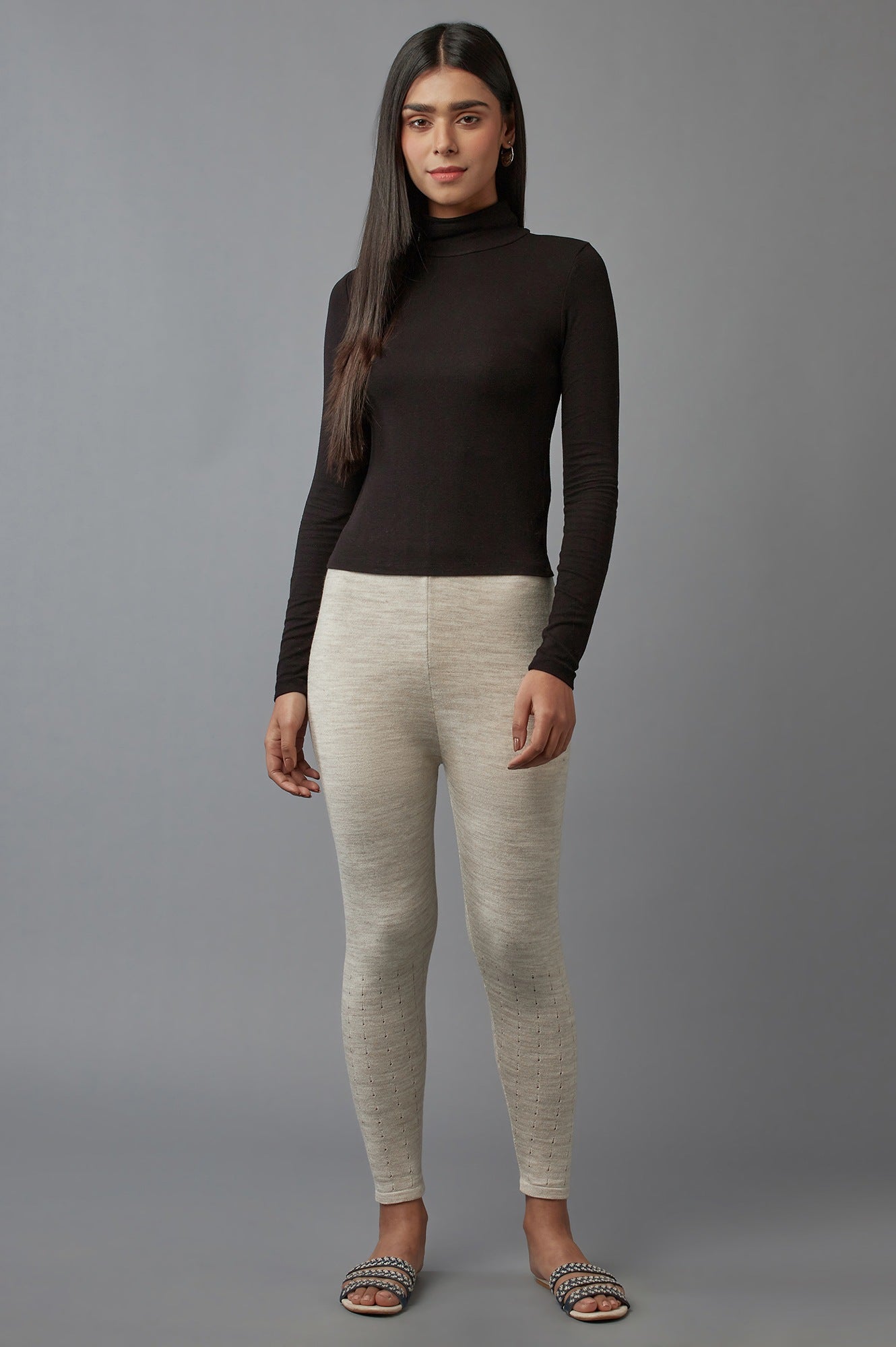 Beige Solid Straight Fit Acrylic Palazzo With Elasticated Waist