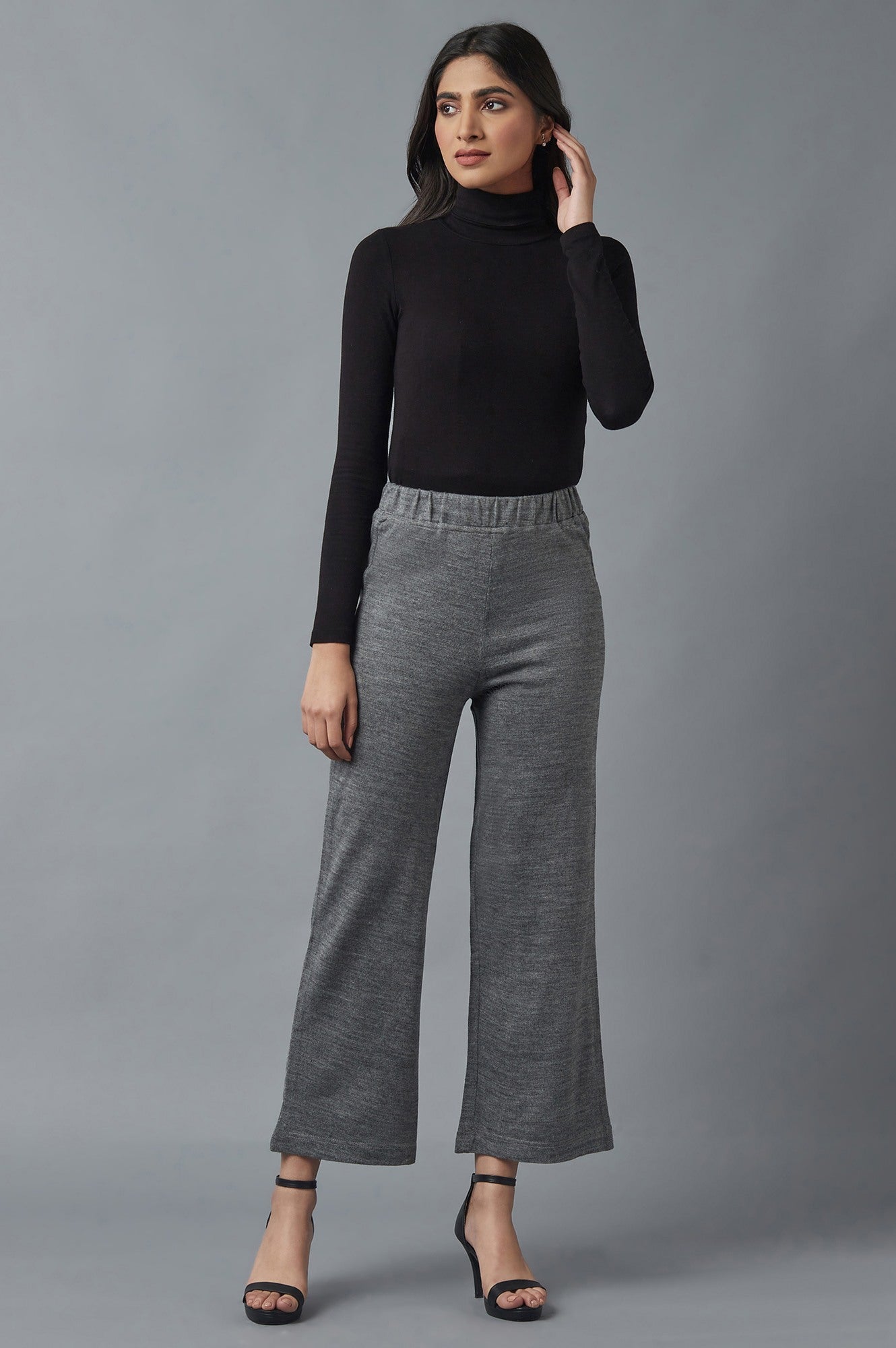 Grey Solid Straight Fit Acrylic Palazzo With Elasticated Waist
