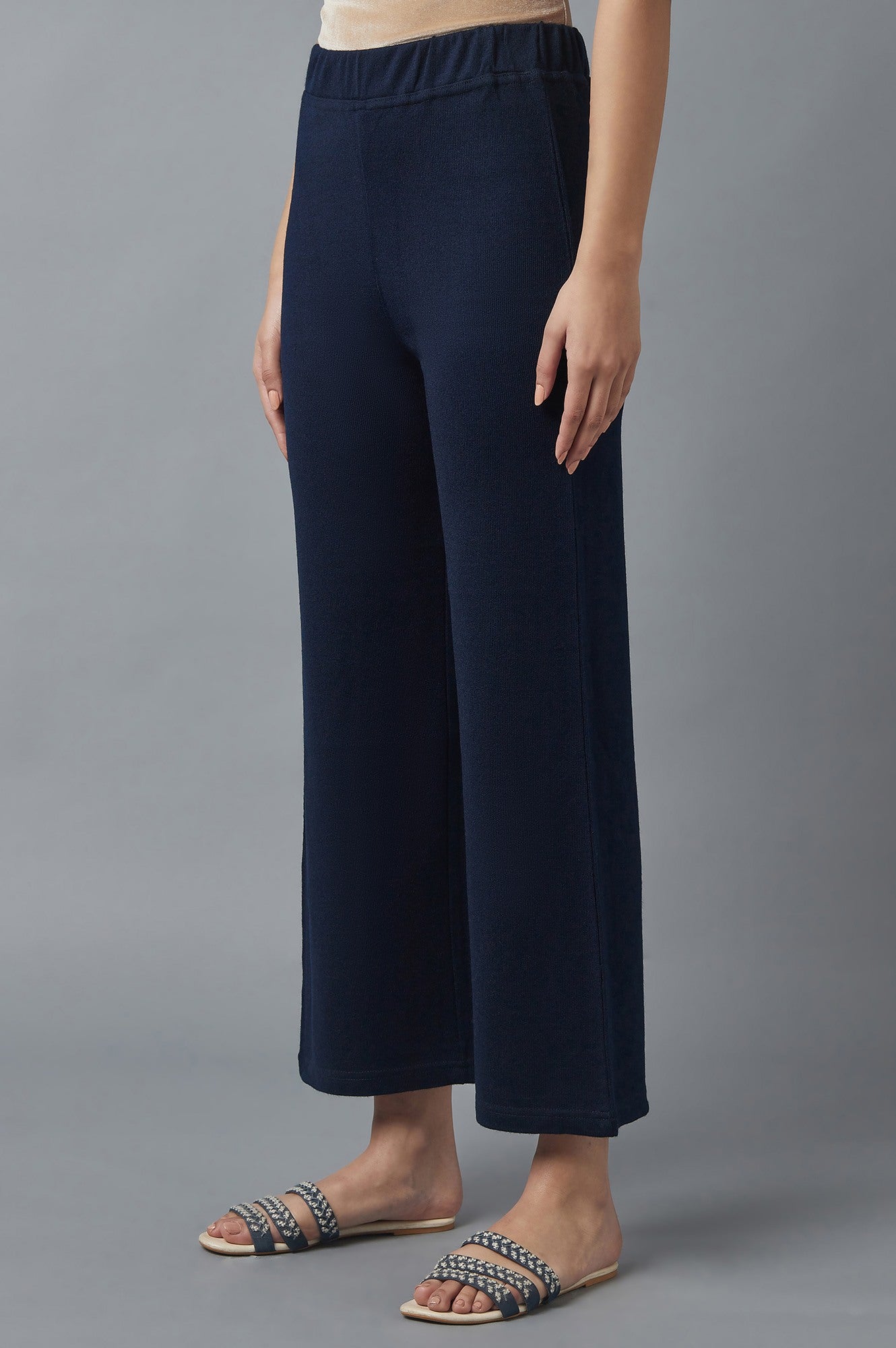 Navy Blue Solid Straight Fit Acrylic Palazzo With Elasticated Waist
