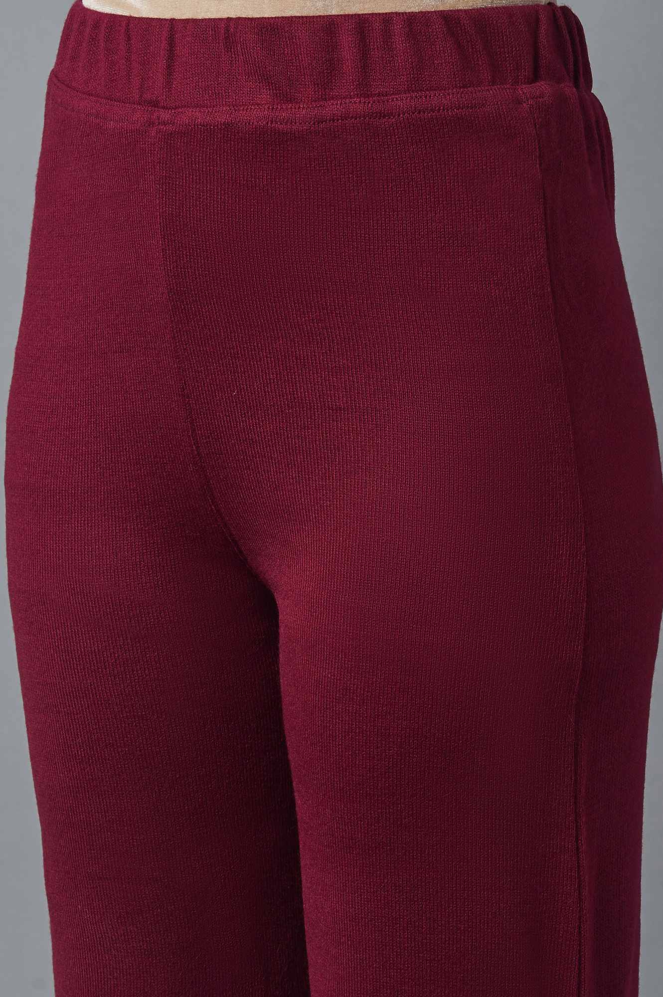 Maroon Solid Straight Fit Acrylic Palazzo With Elasticated Waist