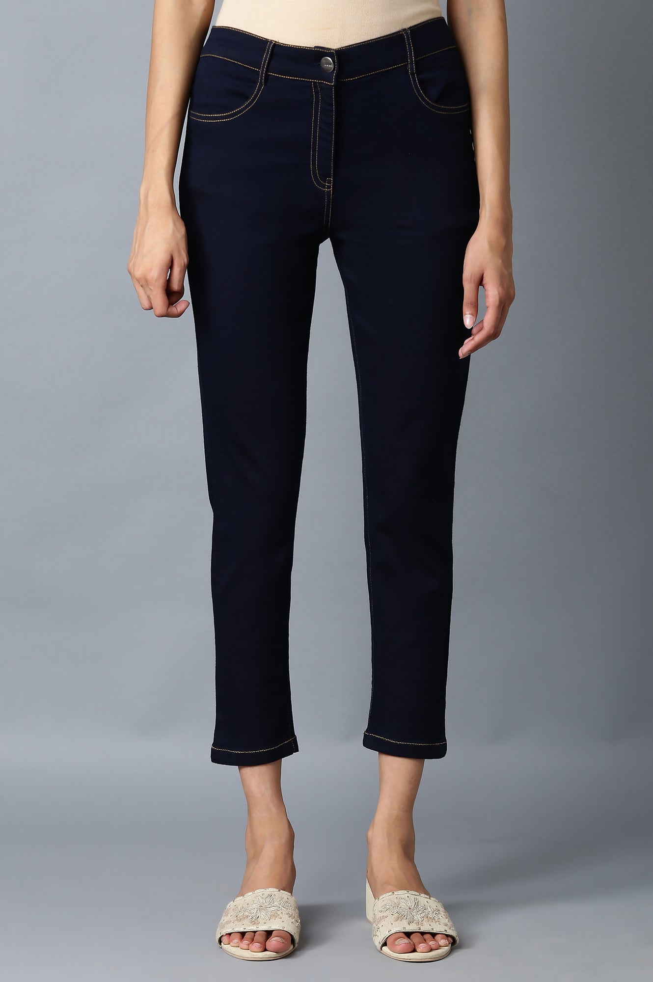 Navy Blue Solid Slim Fit Denim Pants With Front Zip