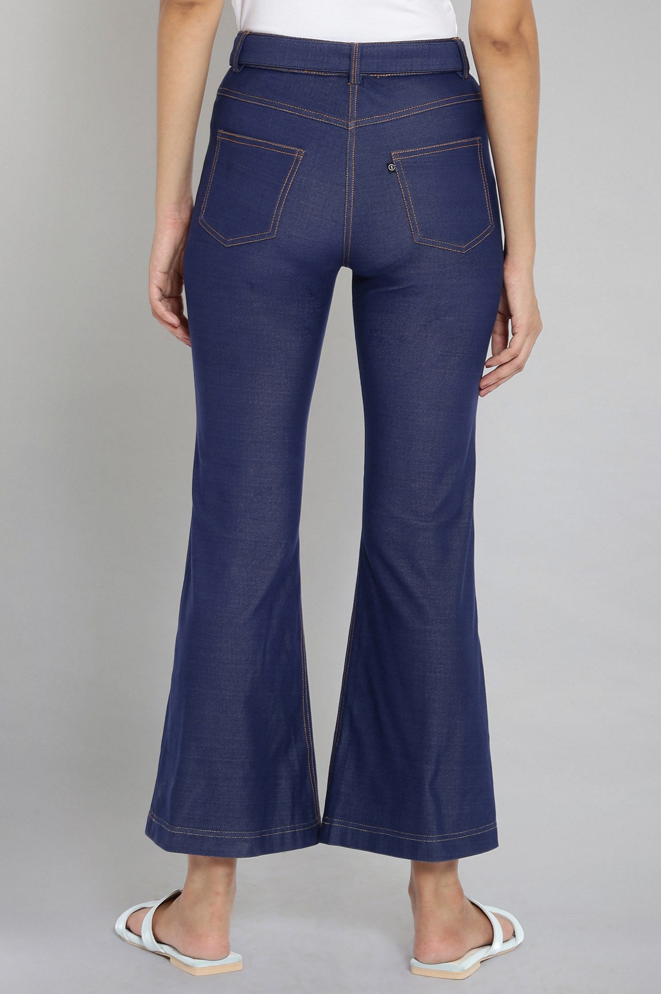 Navy Blue Solid Boot Cut Denim Pants With Waist Belt