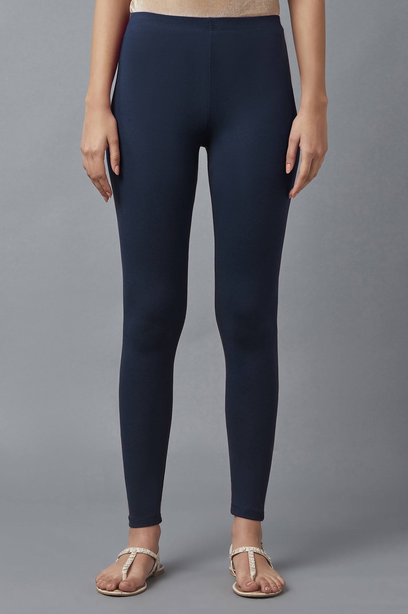 Navy Blue Solid Skinny Fit Tights With Elasticated Waist