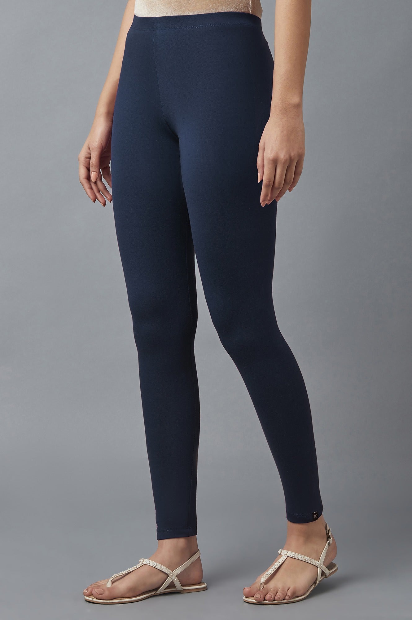 Navy Blue Solid Skinny Fit Tights With Elasticated Waist