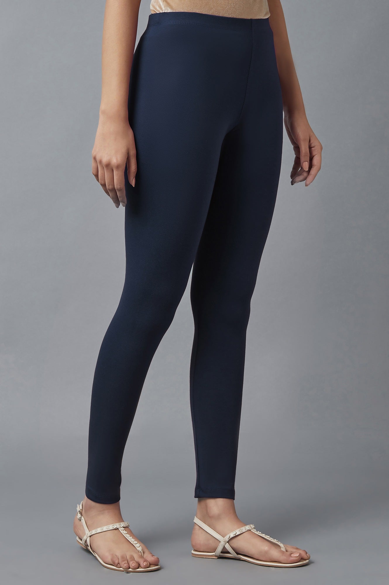 Navy Blue Solid Skinny Fit Tights With Elasticated Waist