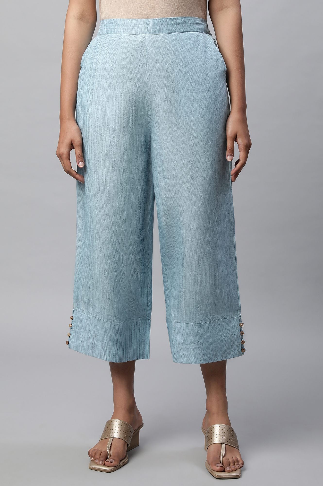 Light Blue Textured Flared Cotton Palazzo With Elasticated Waist