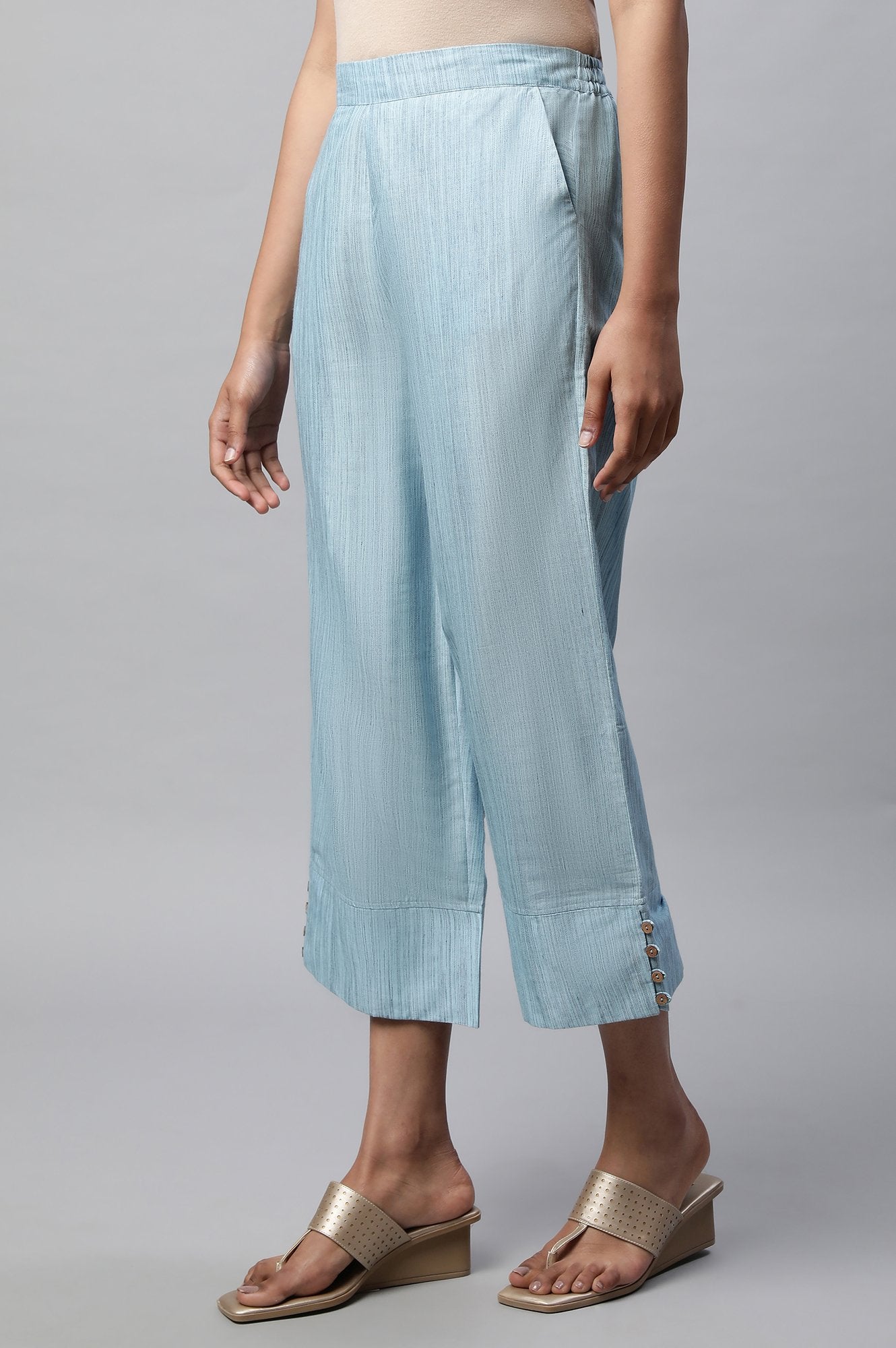 Light Blue Textured Flared Cotton Palazzo With Elasticated Waist