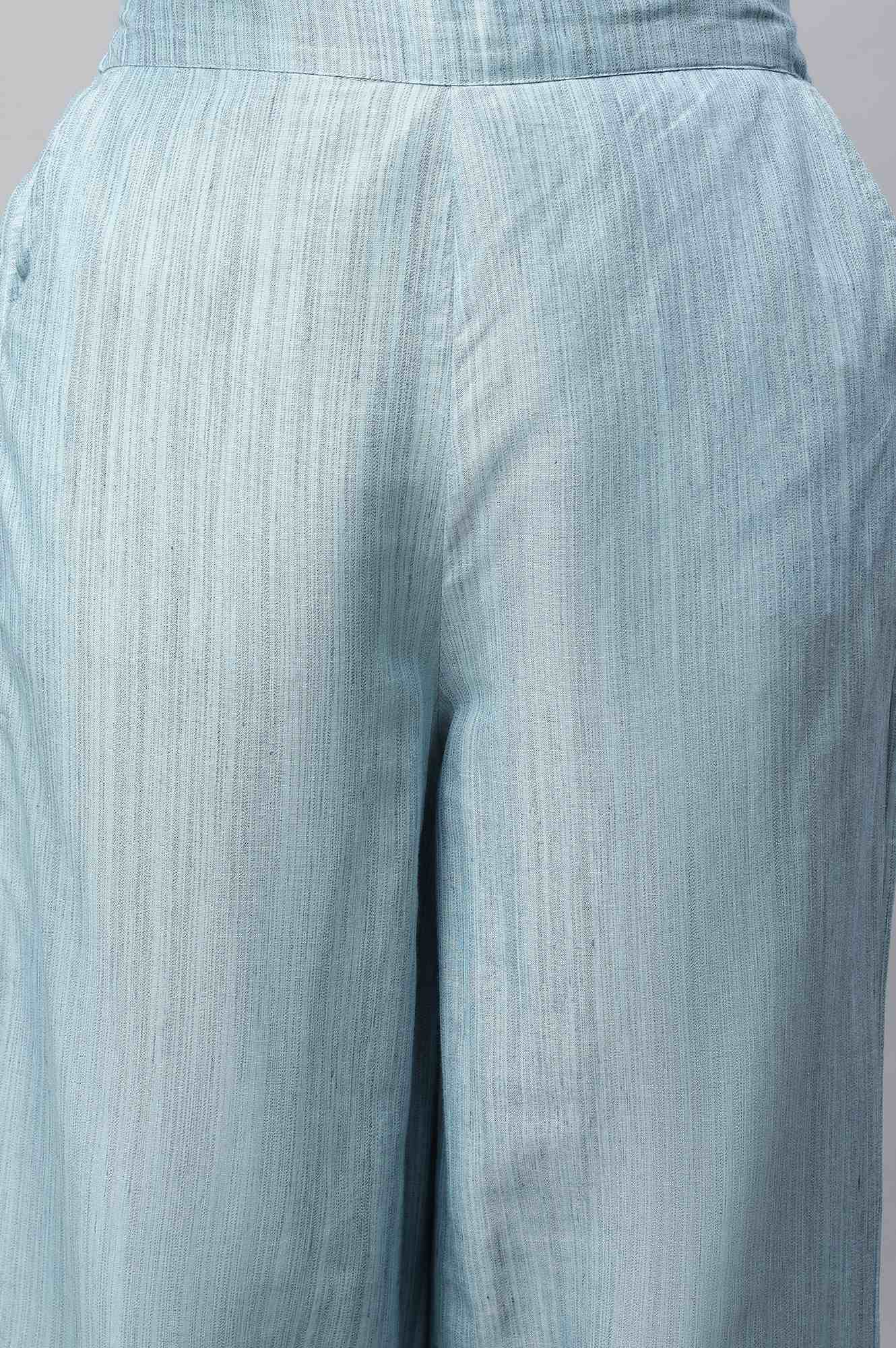 Light Blue Textured Flared Cotton Palazzo With Elasticated Waist