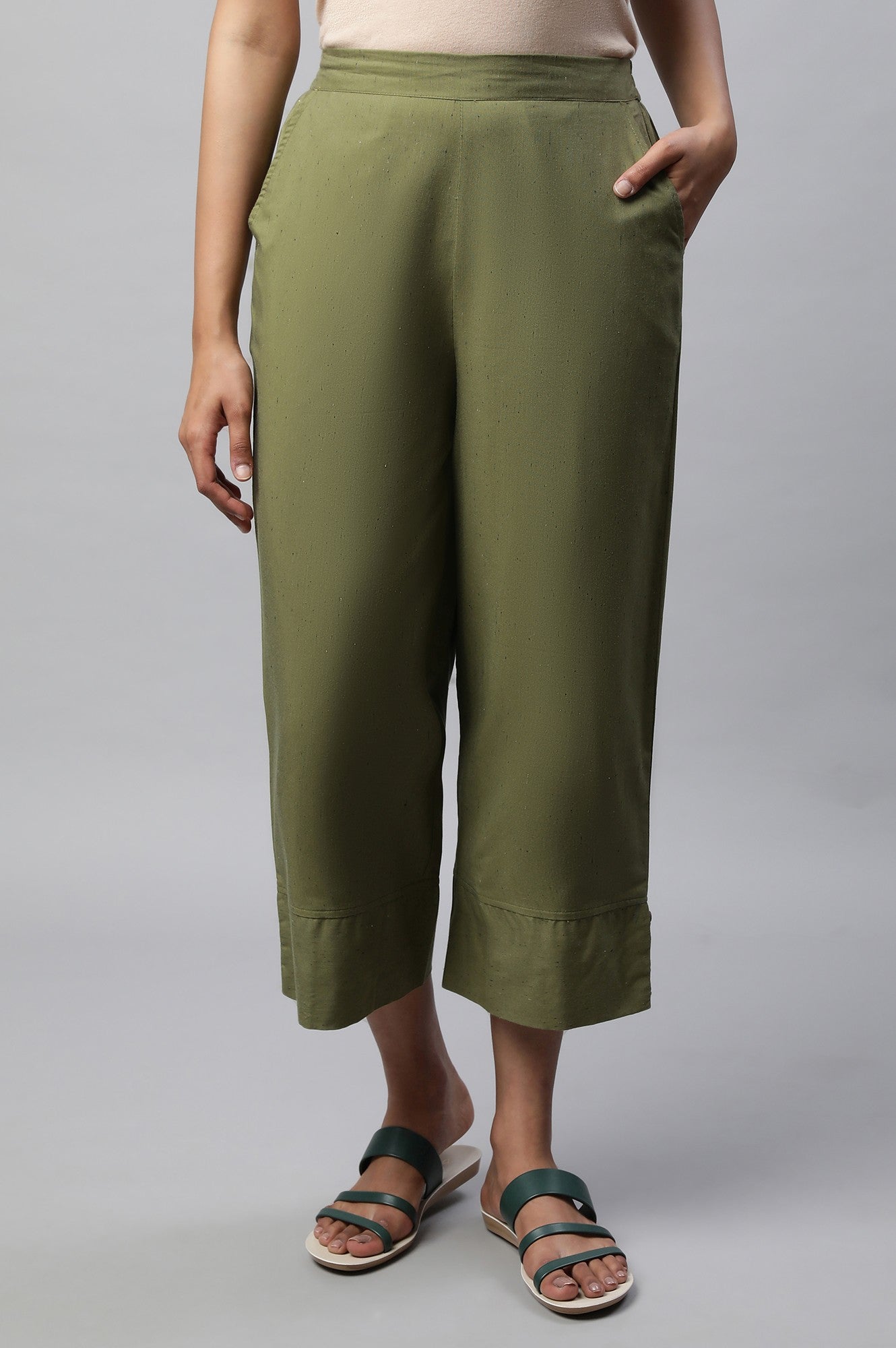 Muted Sage Green Textured Flared Cotton Palazzo With Elasticated Waist