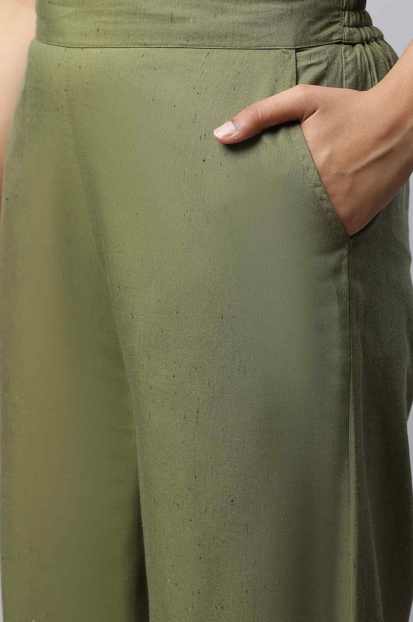 Muted Sage Green Textured Flared Cotton Palazzo With Elasticated Waist