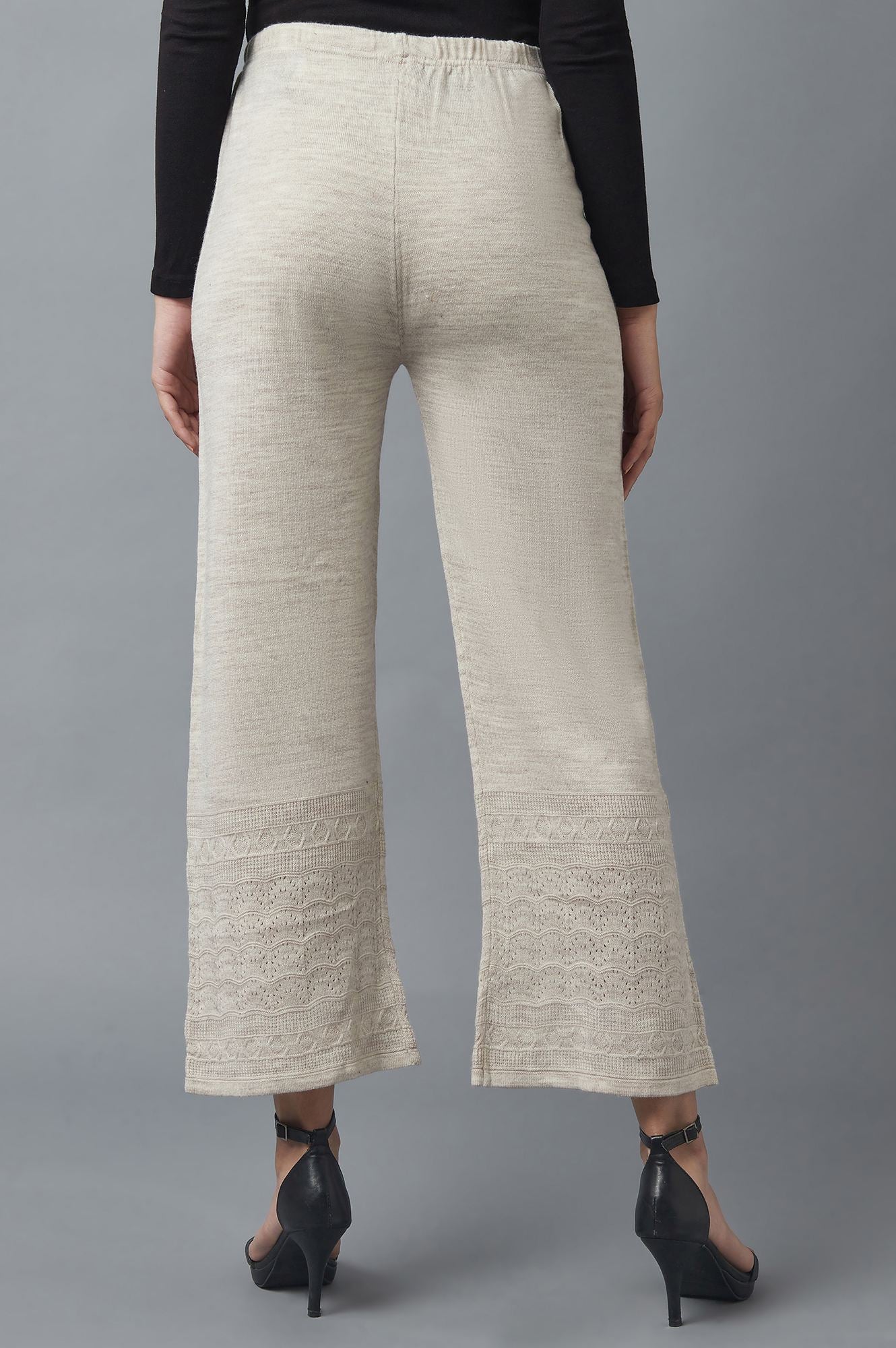 Beige Pointelle Flared Acrylic Palazzo With Elasticated Waist