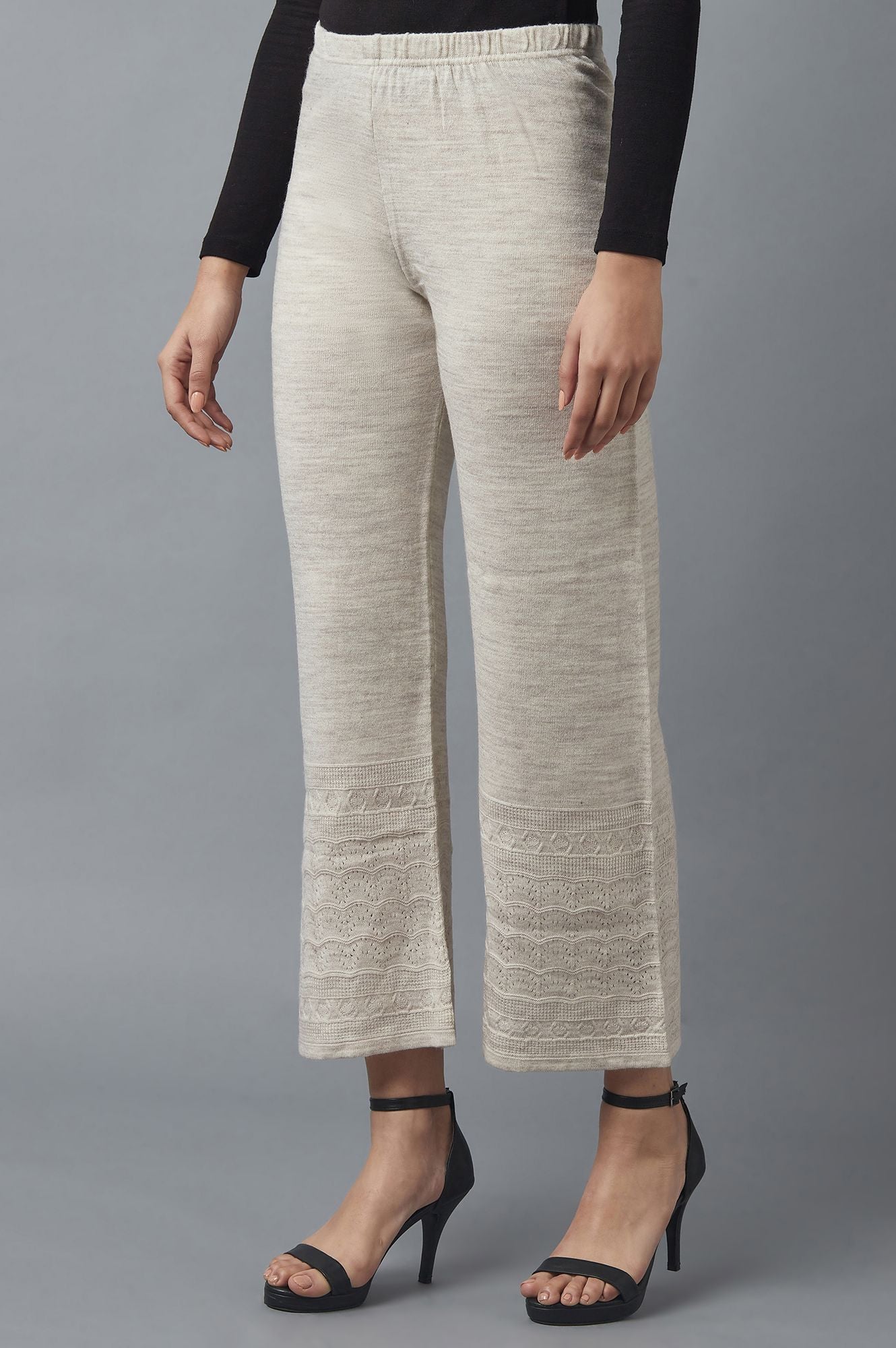 Beige Pointelle Flared Acrylic Palazzo With Elasticated Waist