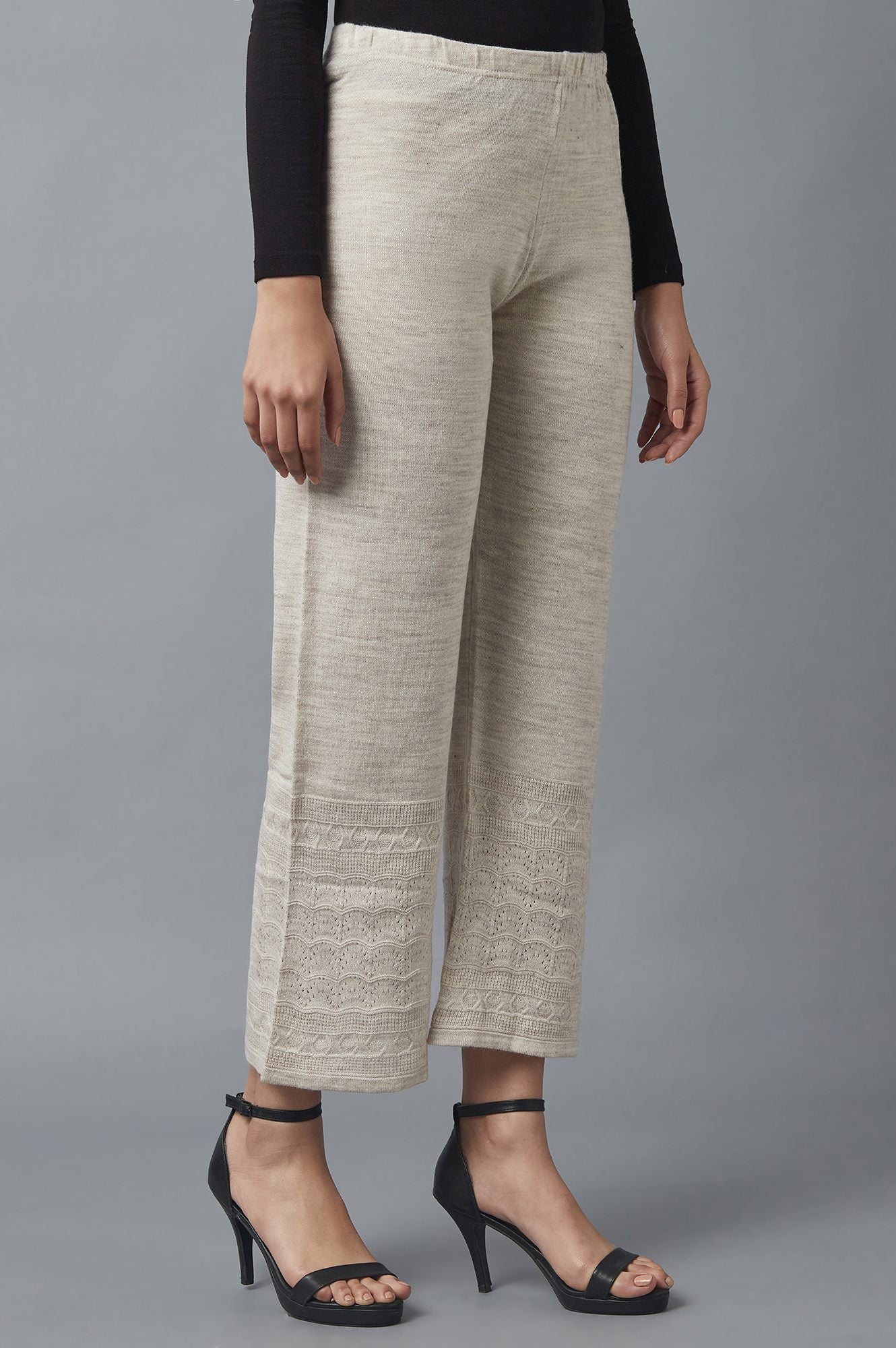 Beige Pointelle Flared Acrylic Palazzo With Elasticated Waist