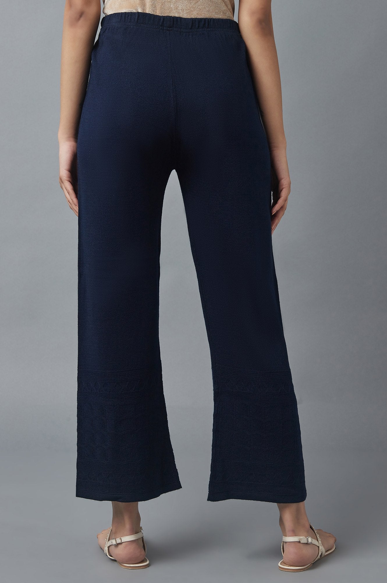 Navy Blue Pointelle Flared Palazzo With Elasticated Waist