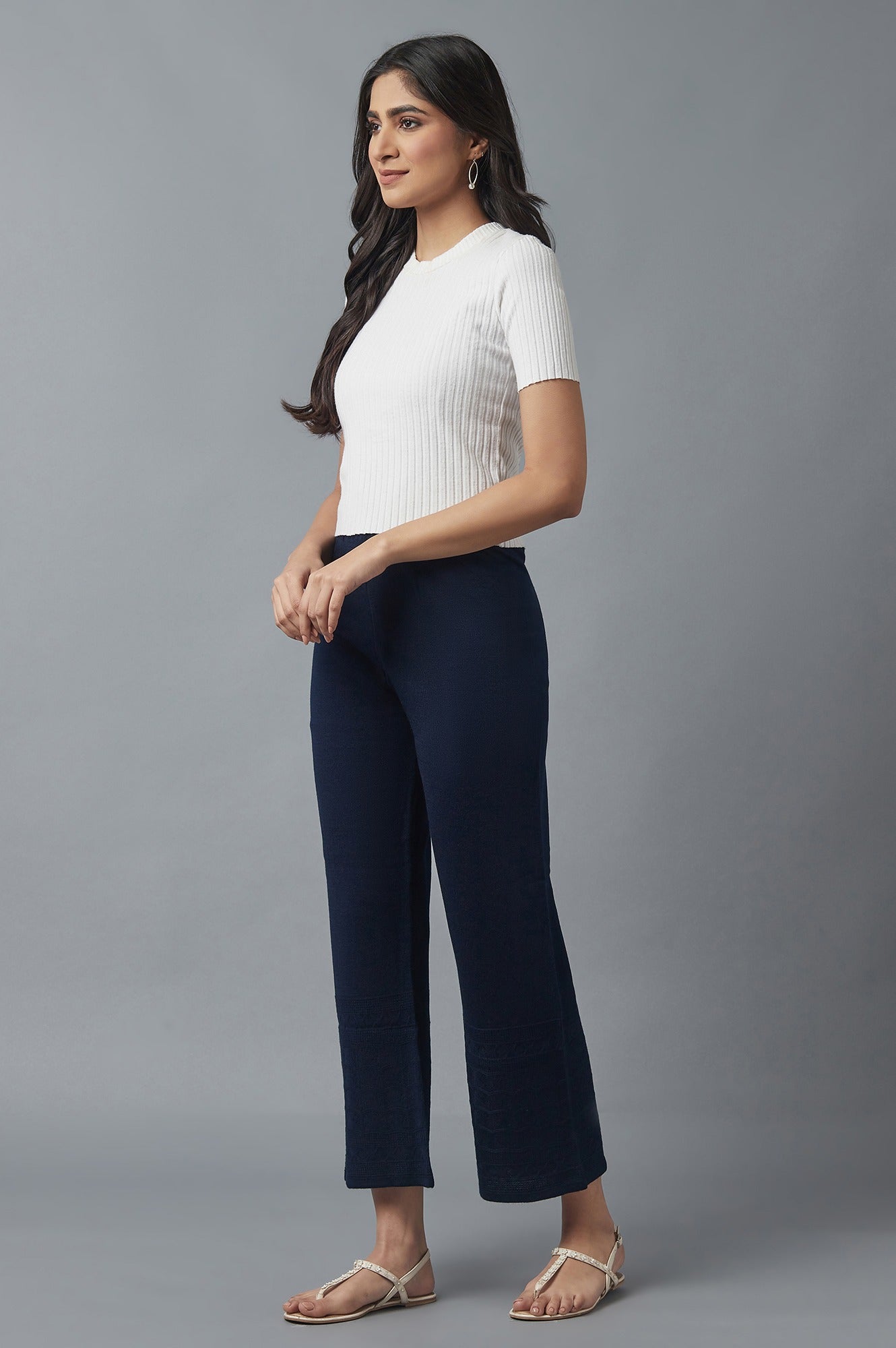 Navy Blue Pointelle Flared Palazzo With Elasticated Waist