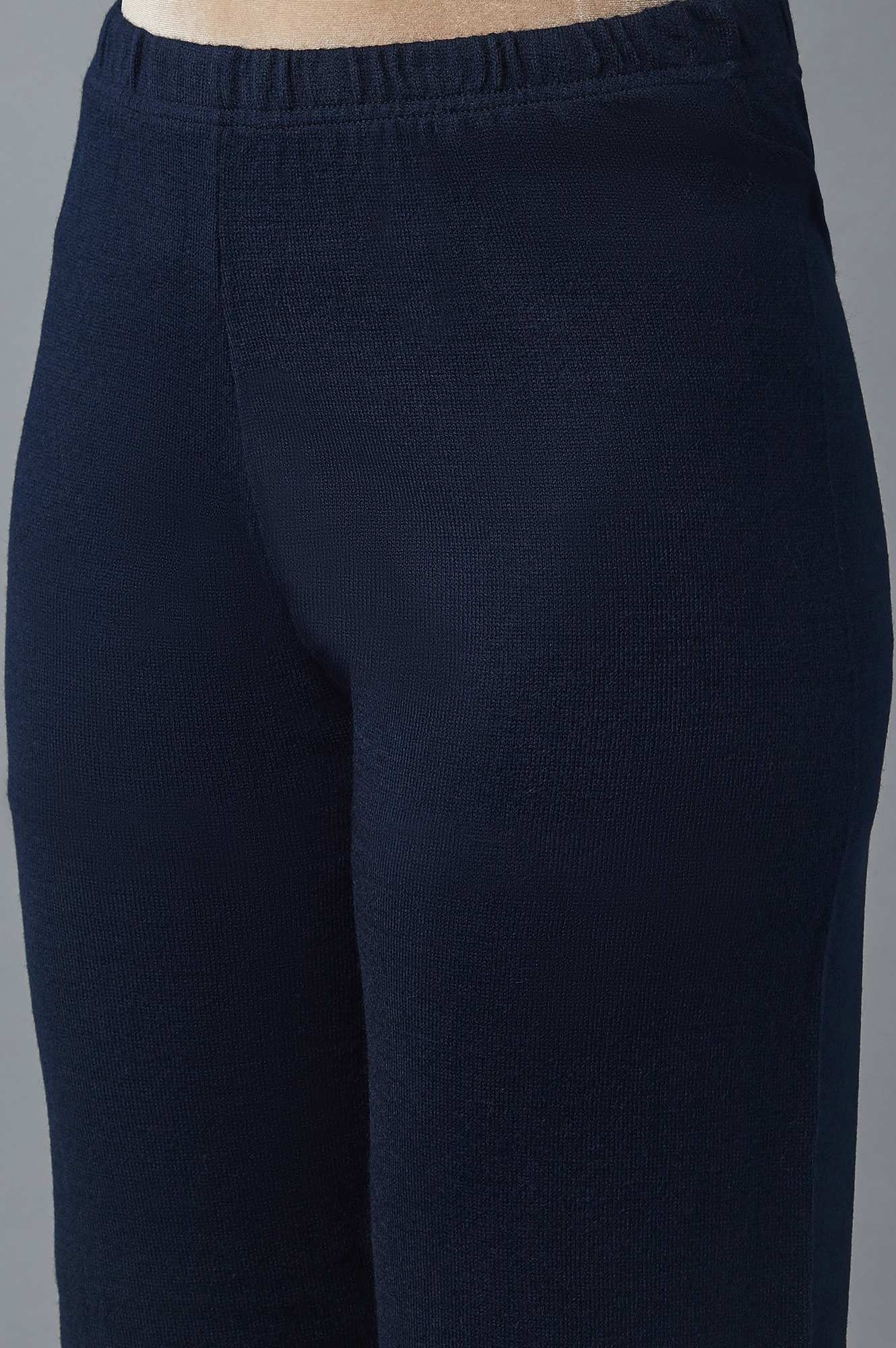 Navy Blue Pointelle Flared Palazzo With Elasticated Waist