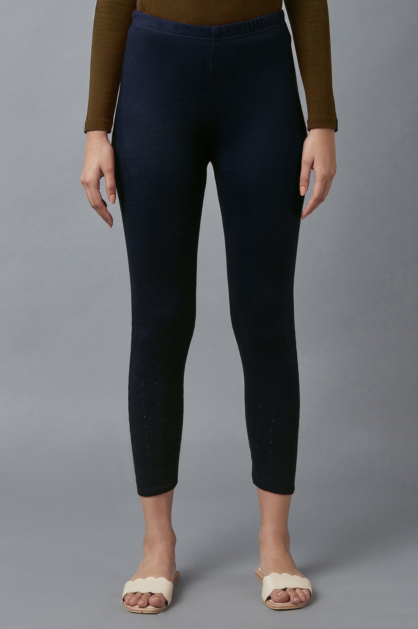 Navy Blue Pointelle Skinny Fit Tights With Elasticated Waist