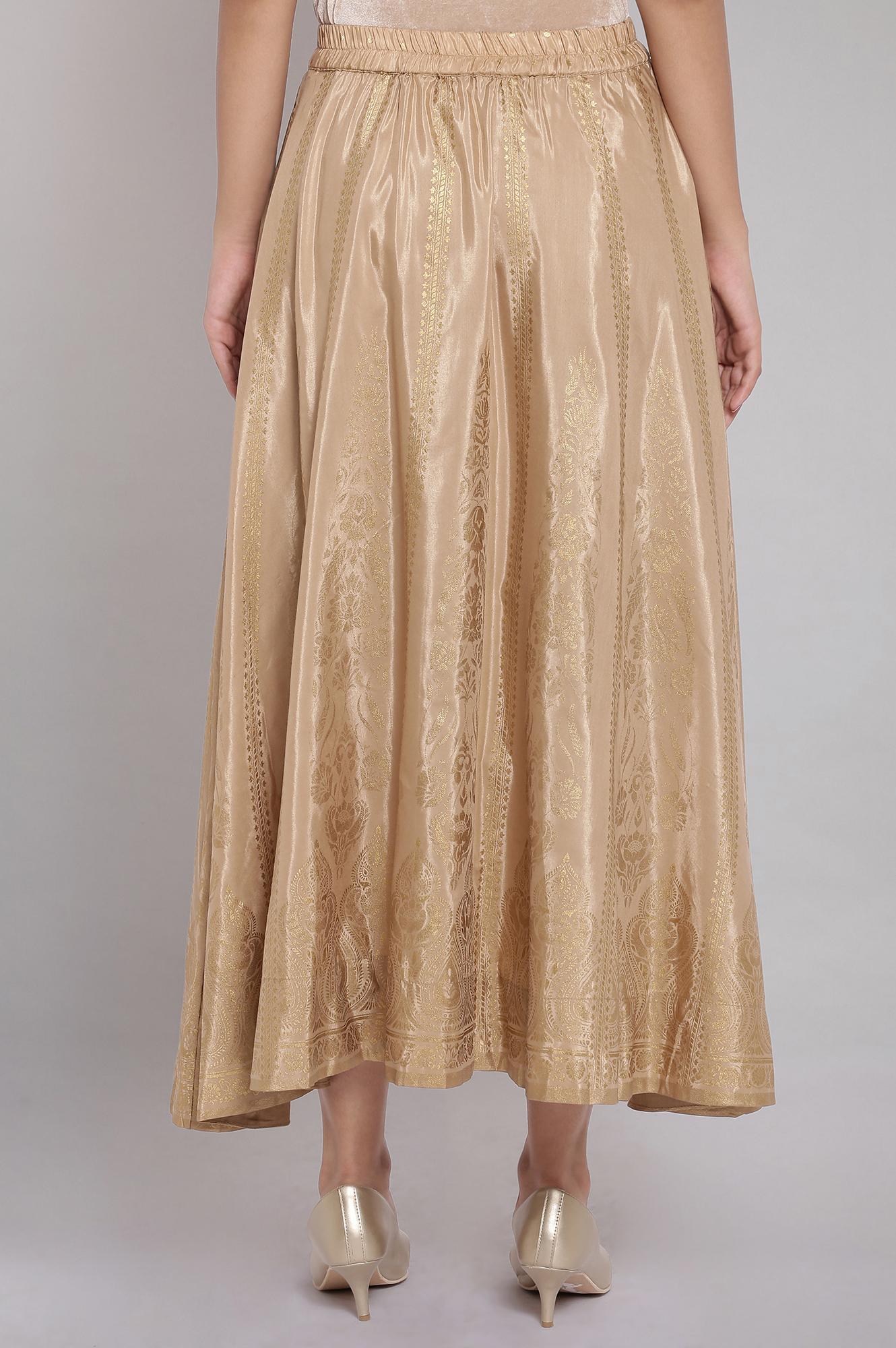 Gold Floral Printed Flared Silk Skirt With Elasticated Waist