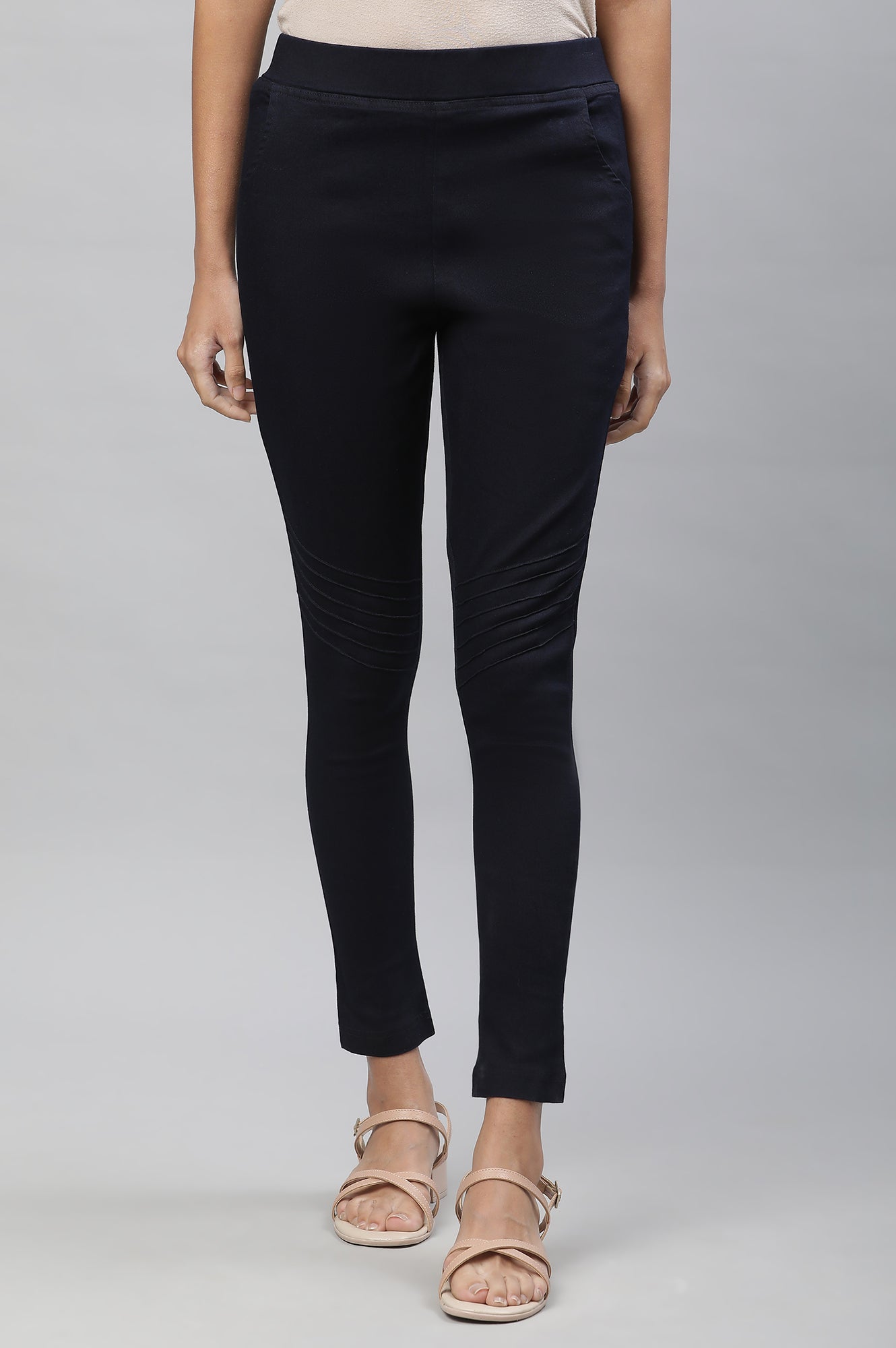 Buy Navy Blue Solid Slim Fit Denim Jeggings With Pintuck Detail