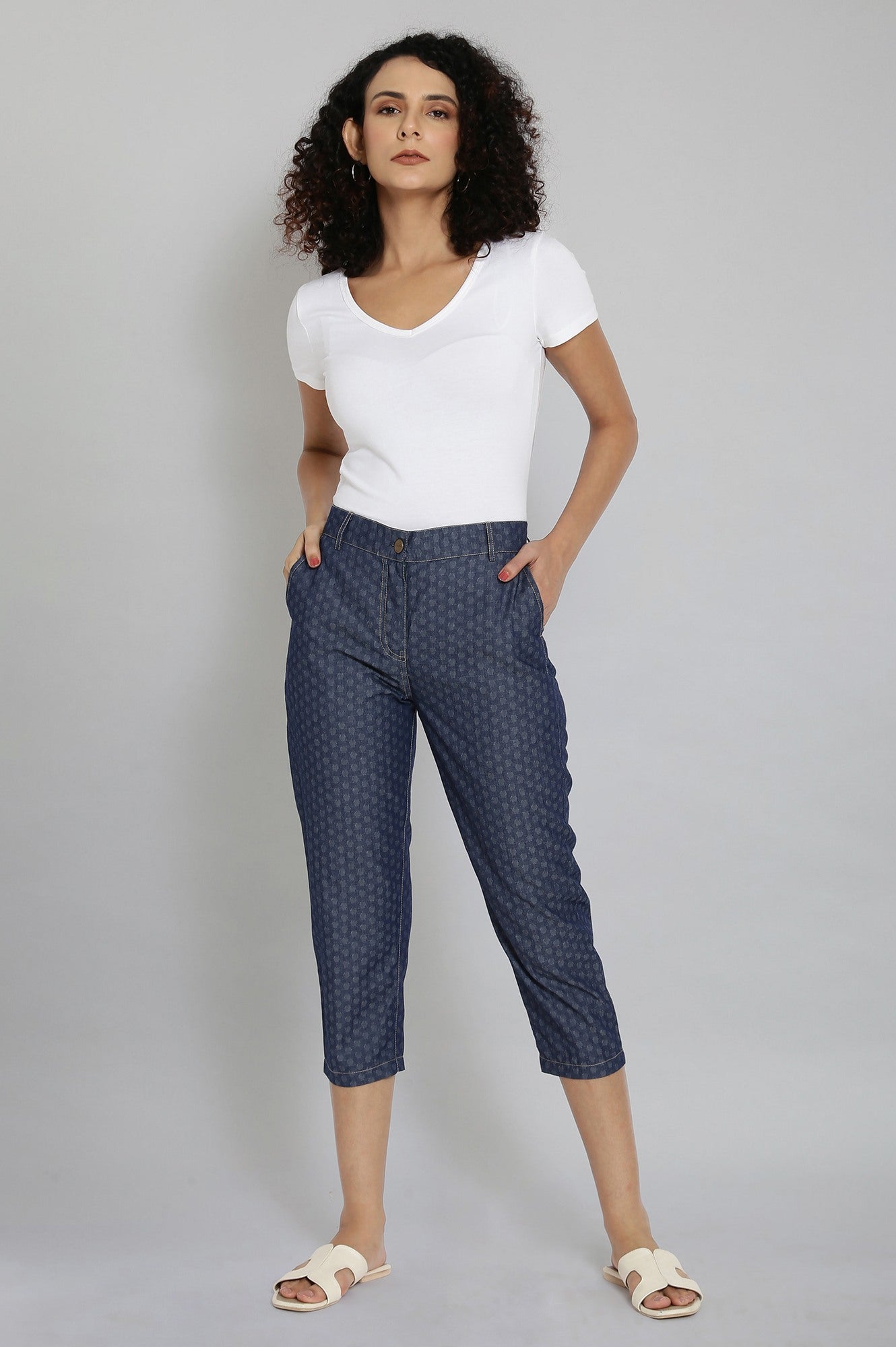 Blue Polka Dots Wide Leg Denim Culottes With Elasticated Waist