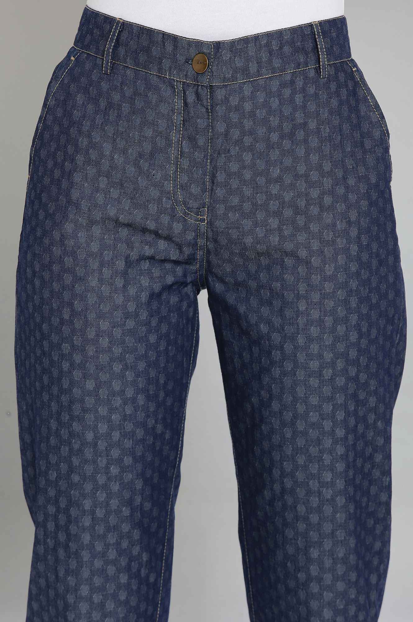 Blue Polka Dots Wide Leg Denim Culottes With Elasticated Waist