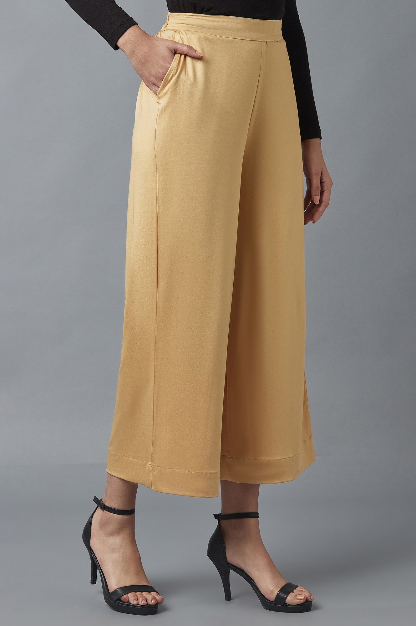 Gold Solid Straight Fit Cotton Palazzo With Side Pockets