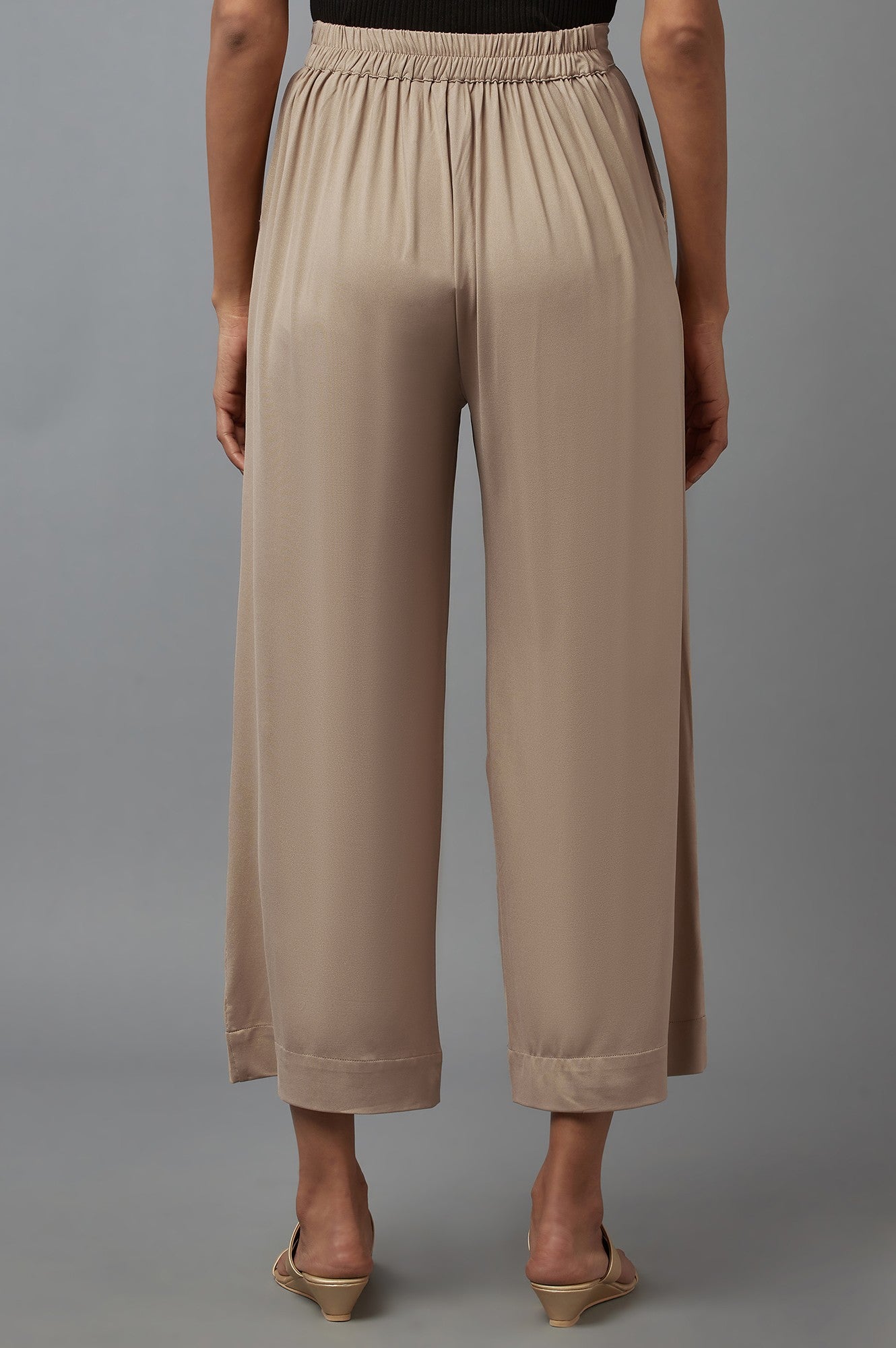 Gold Solid Straight Fit Palazzo With Side Pockets