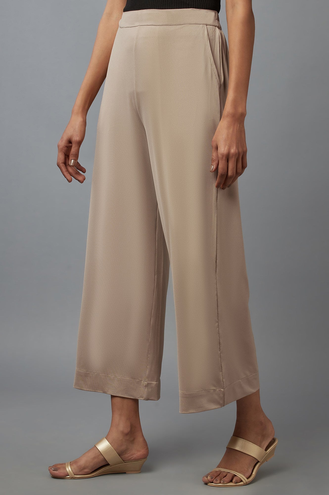 Gold Solid Straight Fit Palazzo With Side Pockets