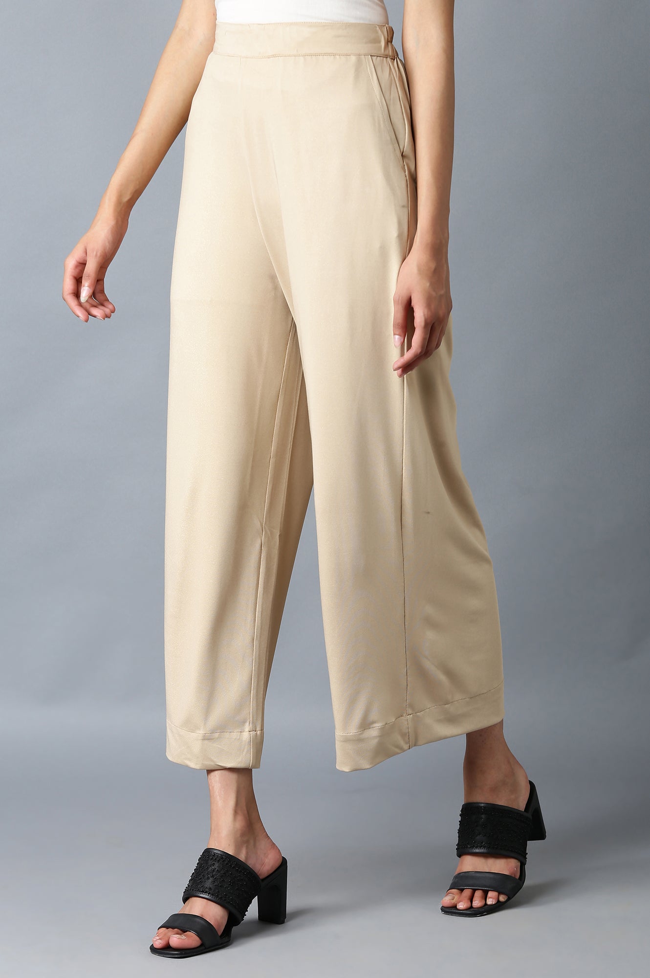 Gold Solid Straight Fit Palazzo With Side Pockets