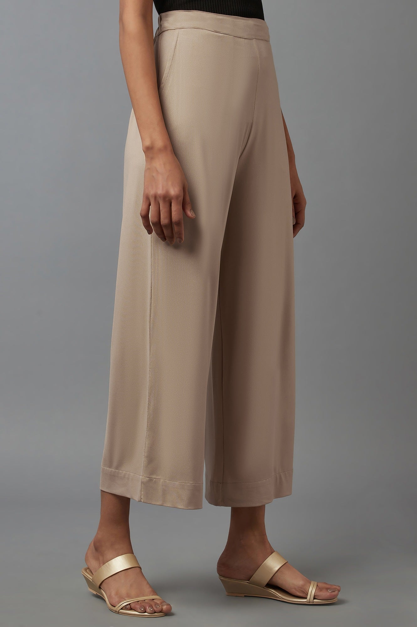 Gold Solid Straight Fit Palazzo With Side Pockets