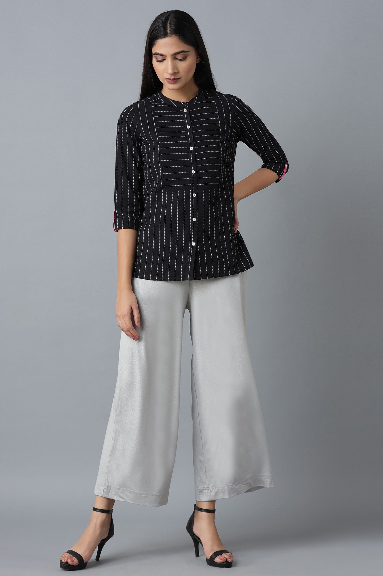 Silver Solid Straight Fit Cotton Palazzo With Elasticated Waistband