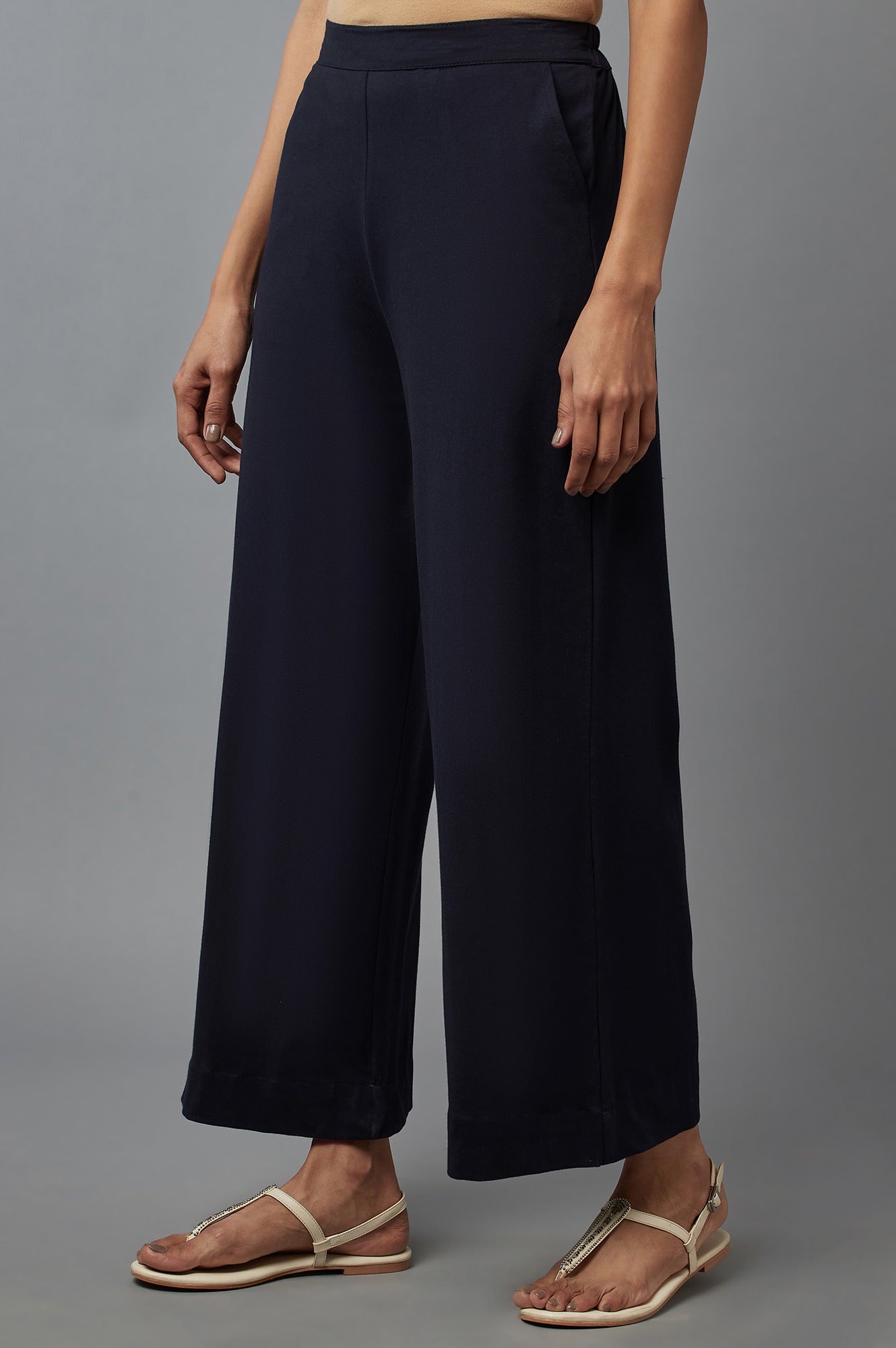 Navy Blue Solid Straight Fit Cotton Palazzo With Side Pockets